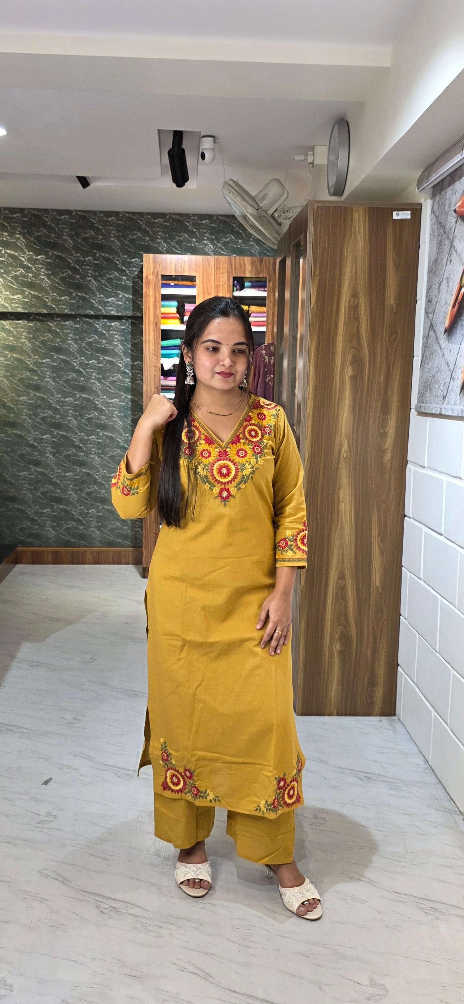 Mustard Yellow Premium Cotton Flex Embroidered Kurta Set