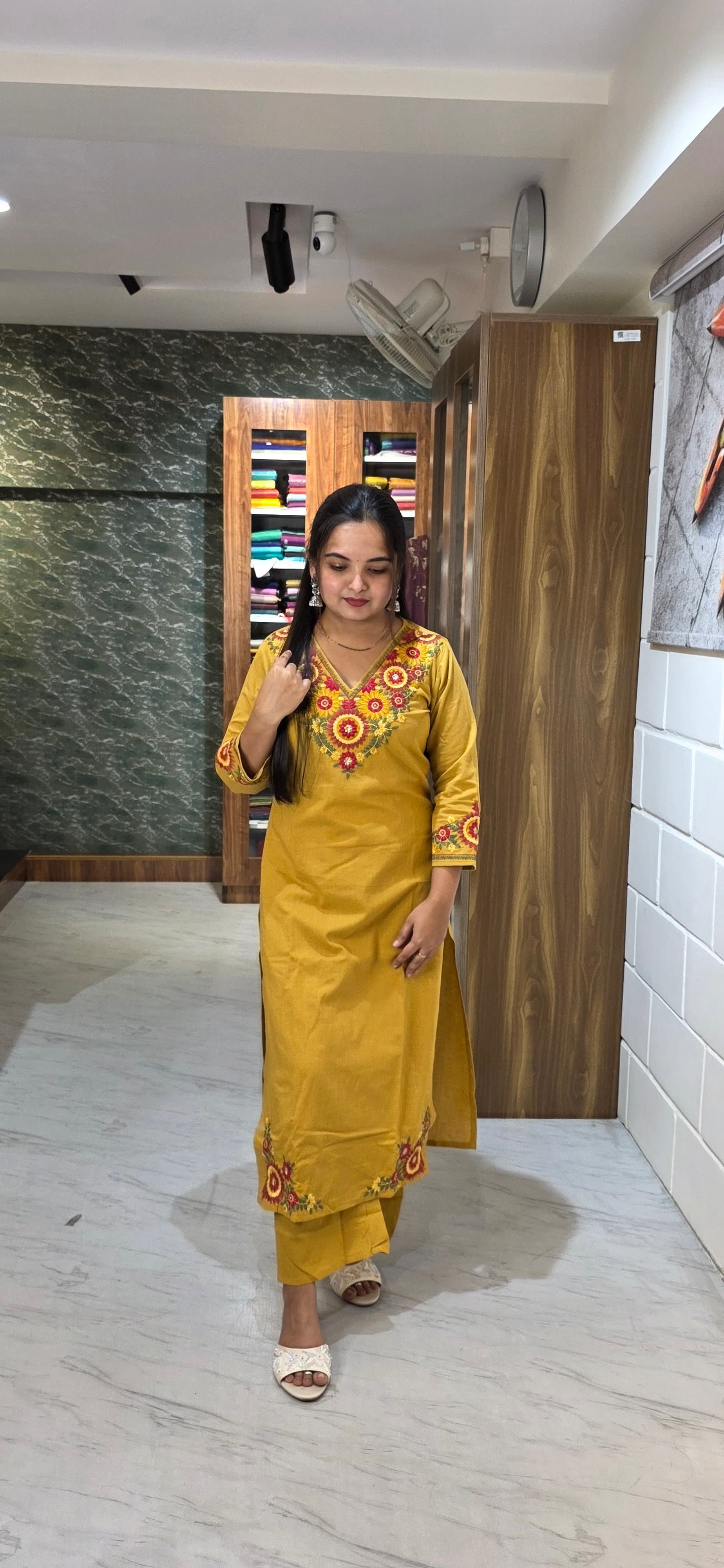 Mustard Yellow Premium Cotton Flex Embroidered Kurta Set view 2