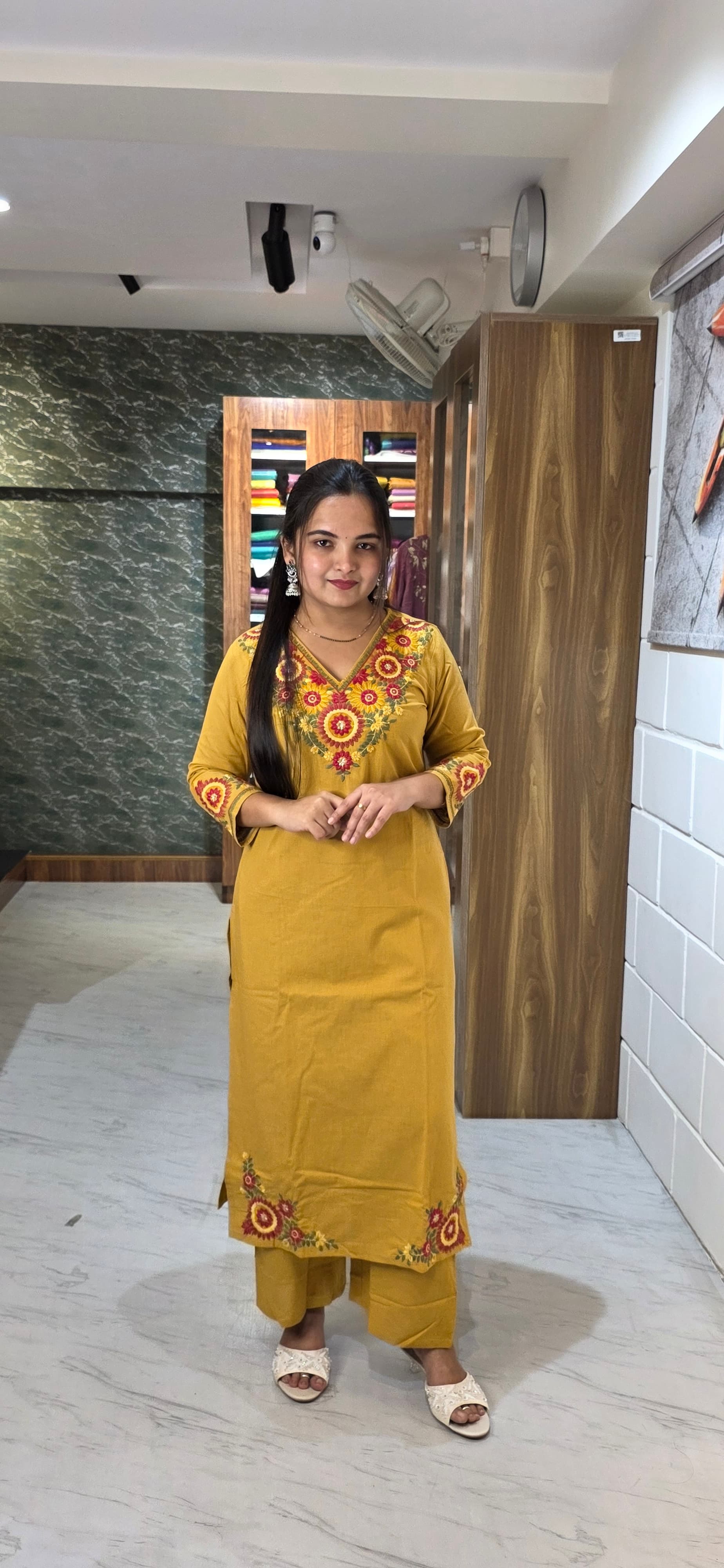 Mustard Yellow Premium Cotton Flex Embroidered Kurta Set view 3