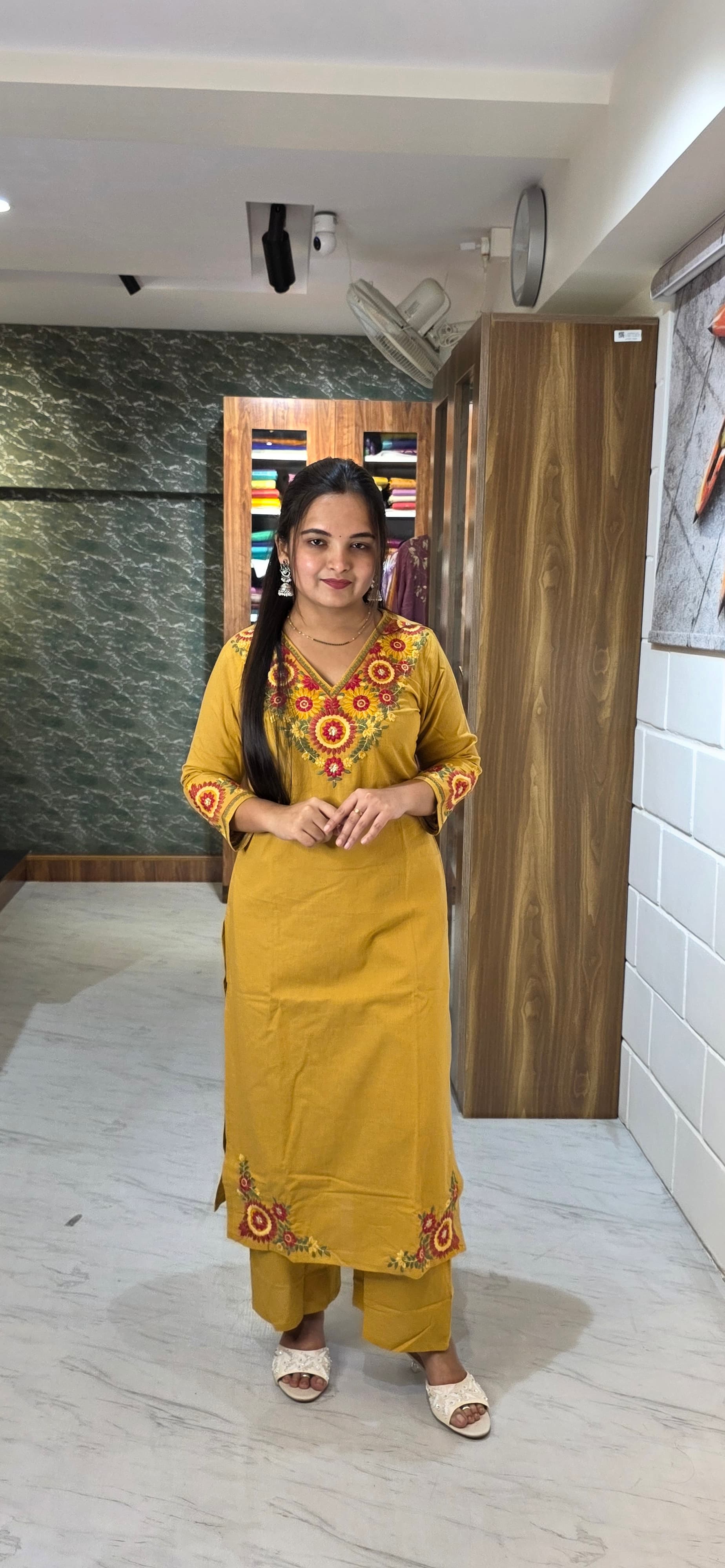 Mustard Yellow Premium Cotton Flex Embroidered Kurta Set view 4