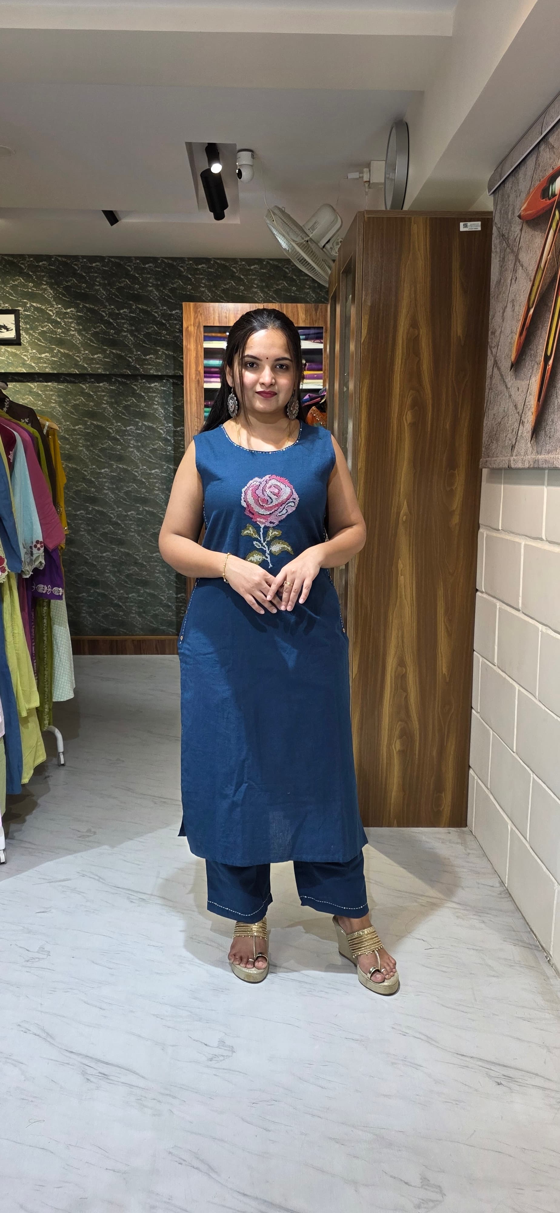 Teal Blue Floral Embroidered Kurta Set - Premium Cotton Flex
