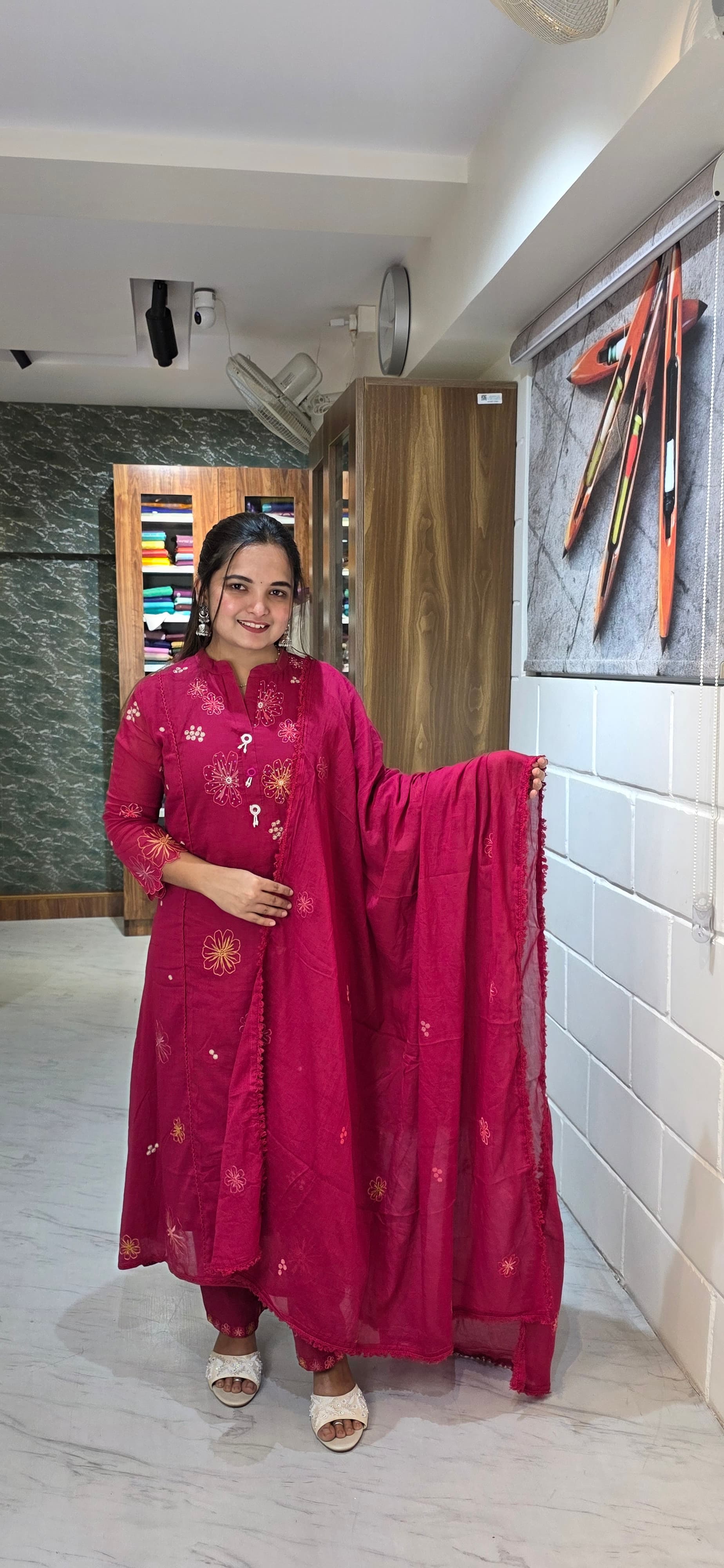 Rani Pink Embroidered Mulcotton Kurta Set with Dupatta