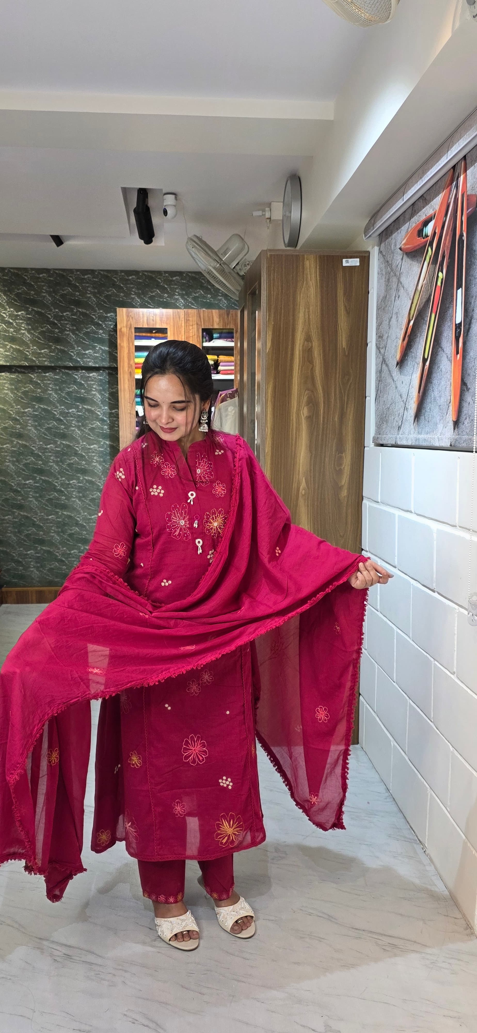 Rani Pink Embroidered Mulcotton Kurta Set with Dupatta view 2