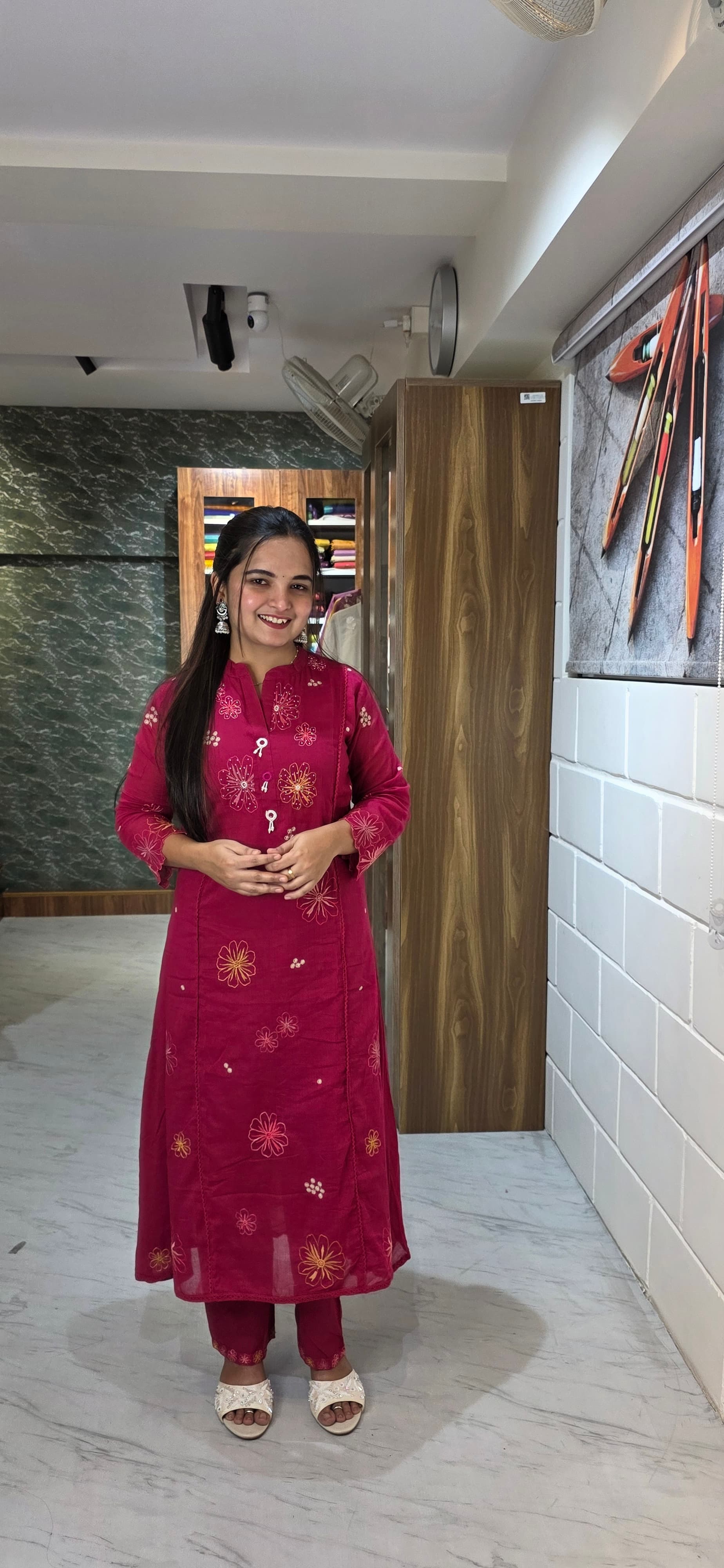 Rani Pink Embroidered Mulcotton Kurta Set with Dupatta view 3