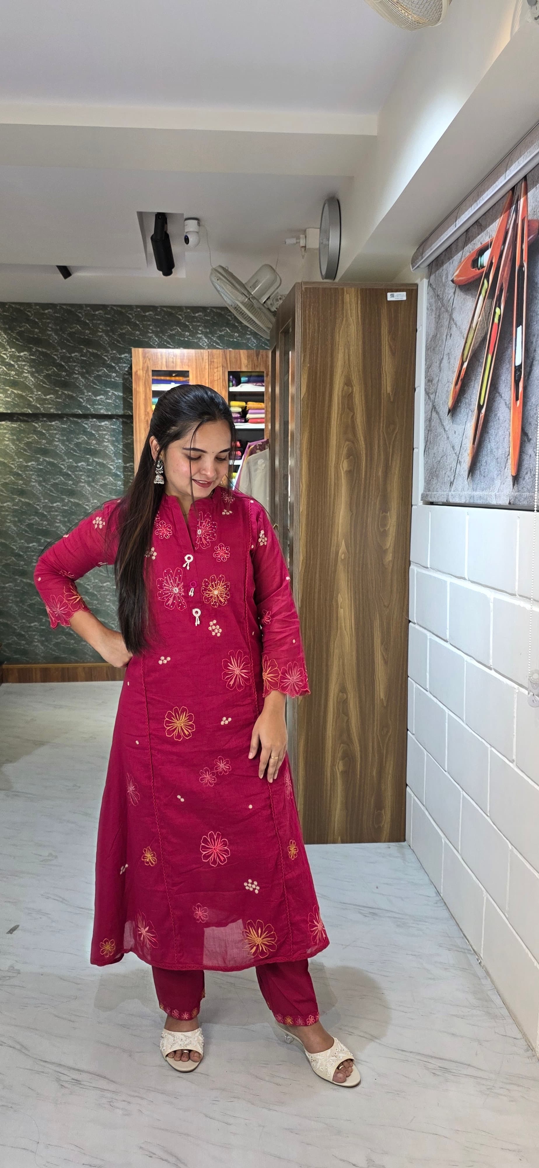 Rani Pink Embroidered Mulcotton Kurta Set with Dupatta view 4