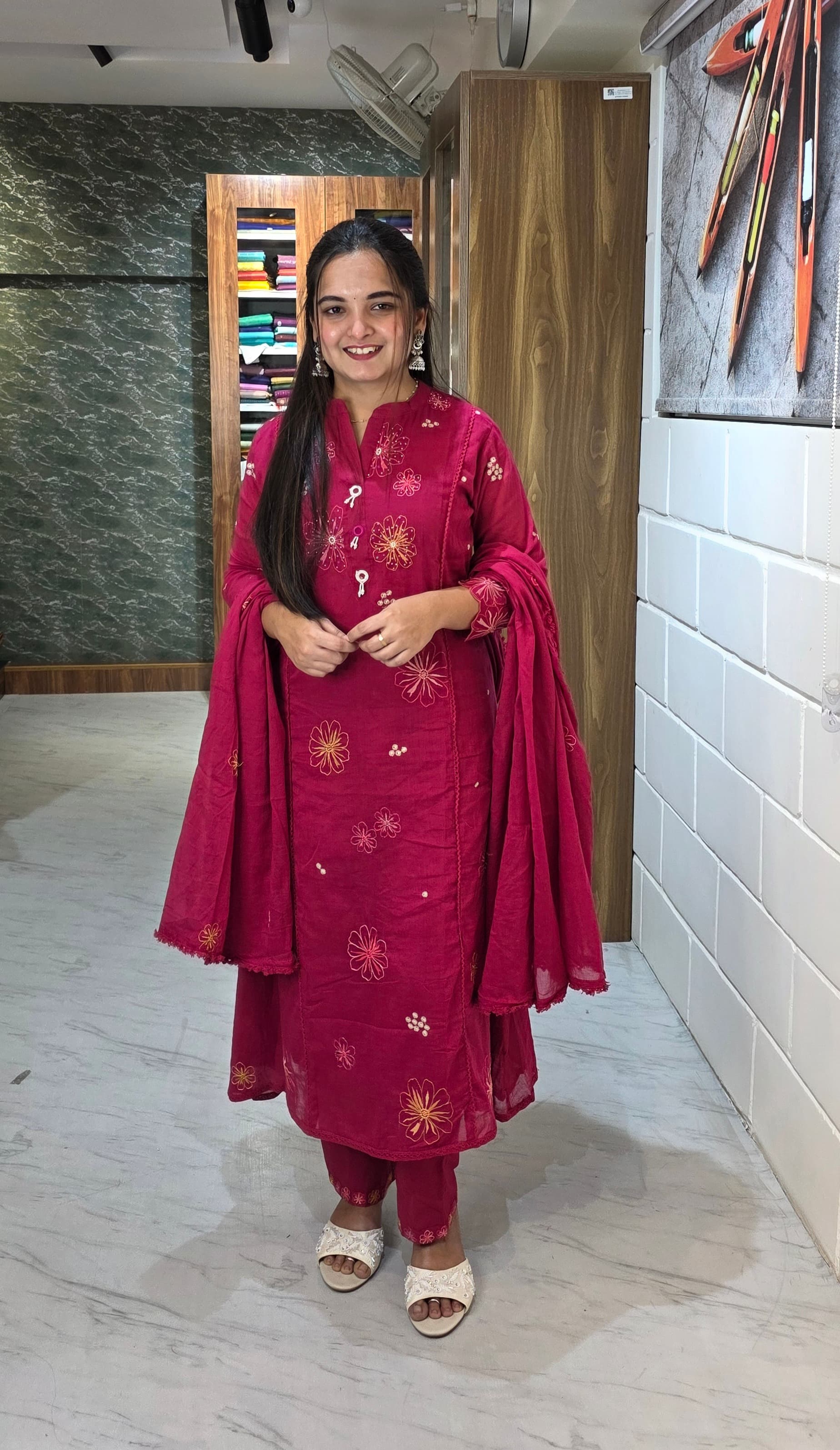 Rani Pink Embroidered Mulcotton Kurta Set with Dupatta view 5