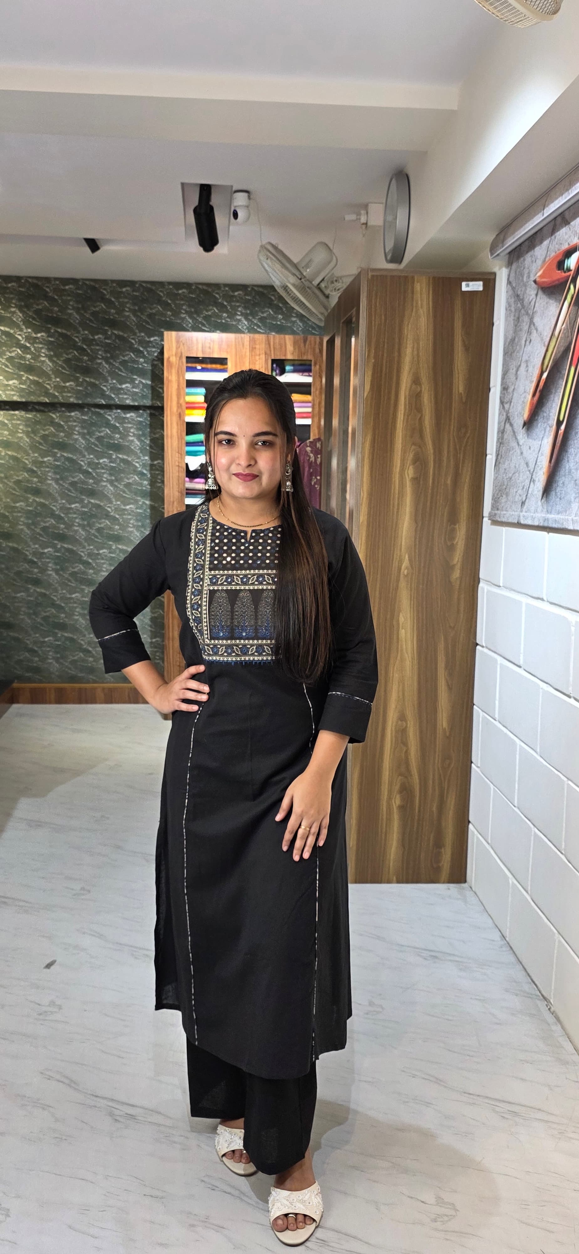 Black Khadi Cotton Flex Patchwork Kurta Set view 2