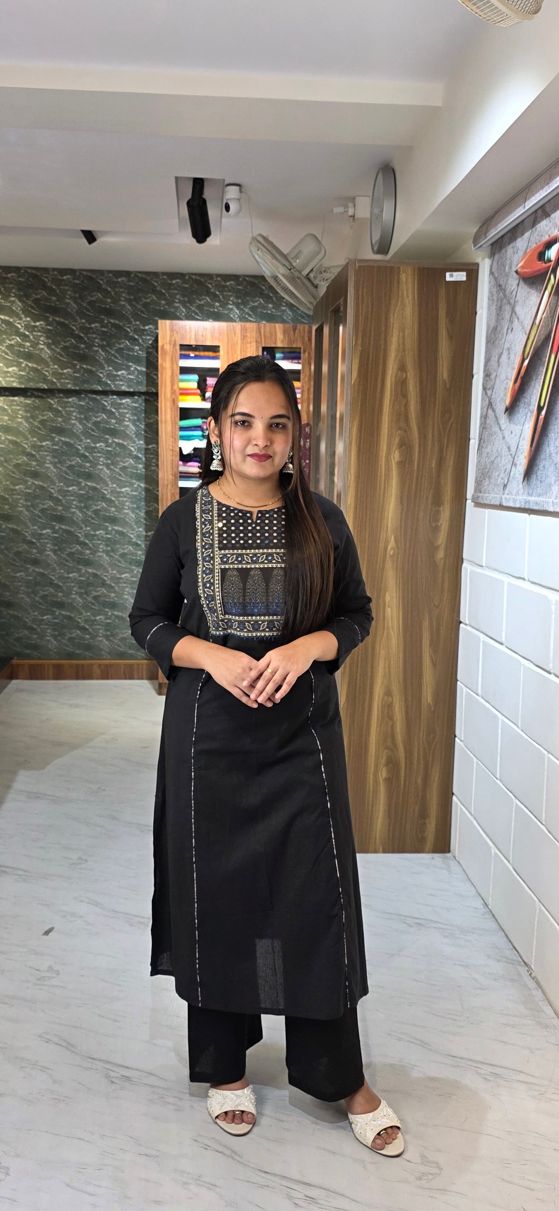 Black Khadi Cotton Flex Patchwork Kurta Set view 3