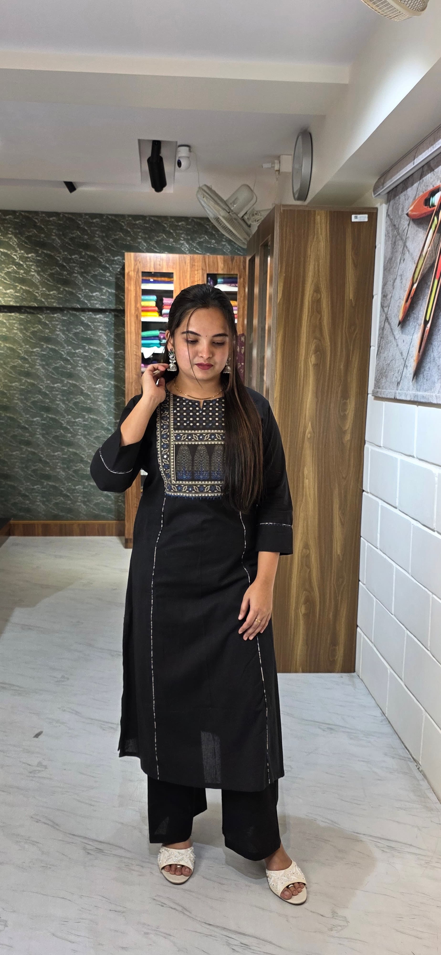 Black Khadi Cotton Flex Patchwork Kurta Set view 4