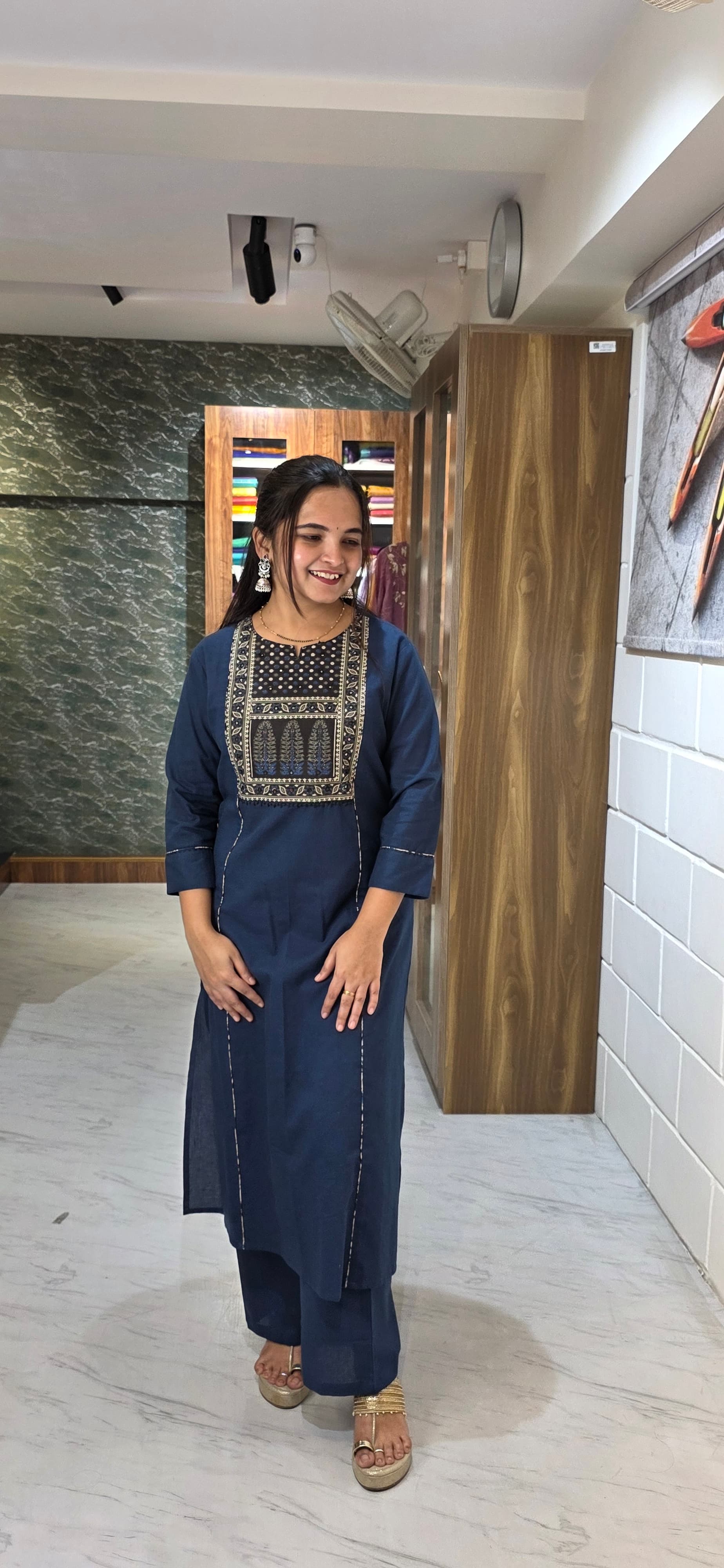 Blue Khadi Cotton Flex Patchwork Kurta Set