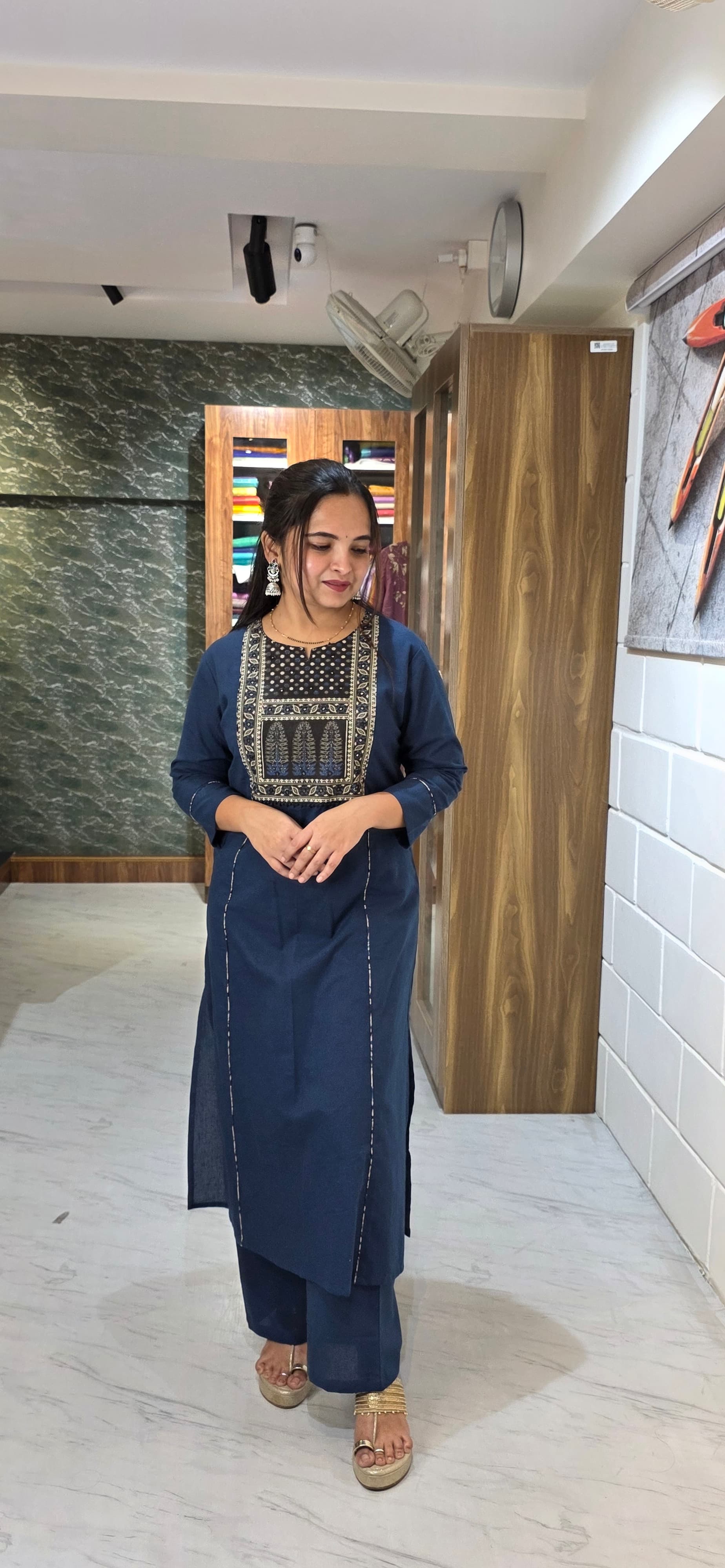 Blue Khadi Cotton Flex Patchwork Kurta Set view 2