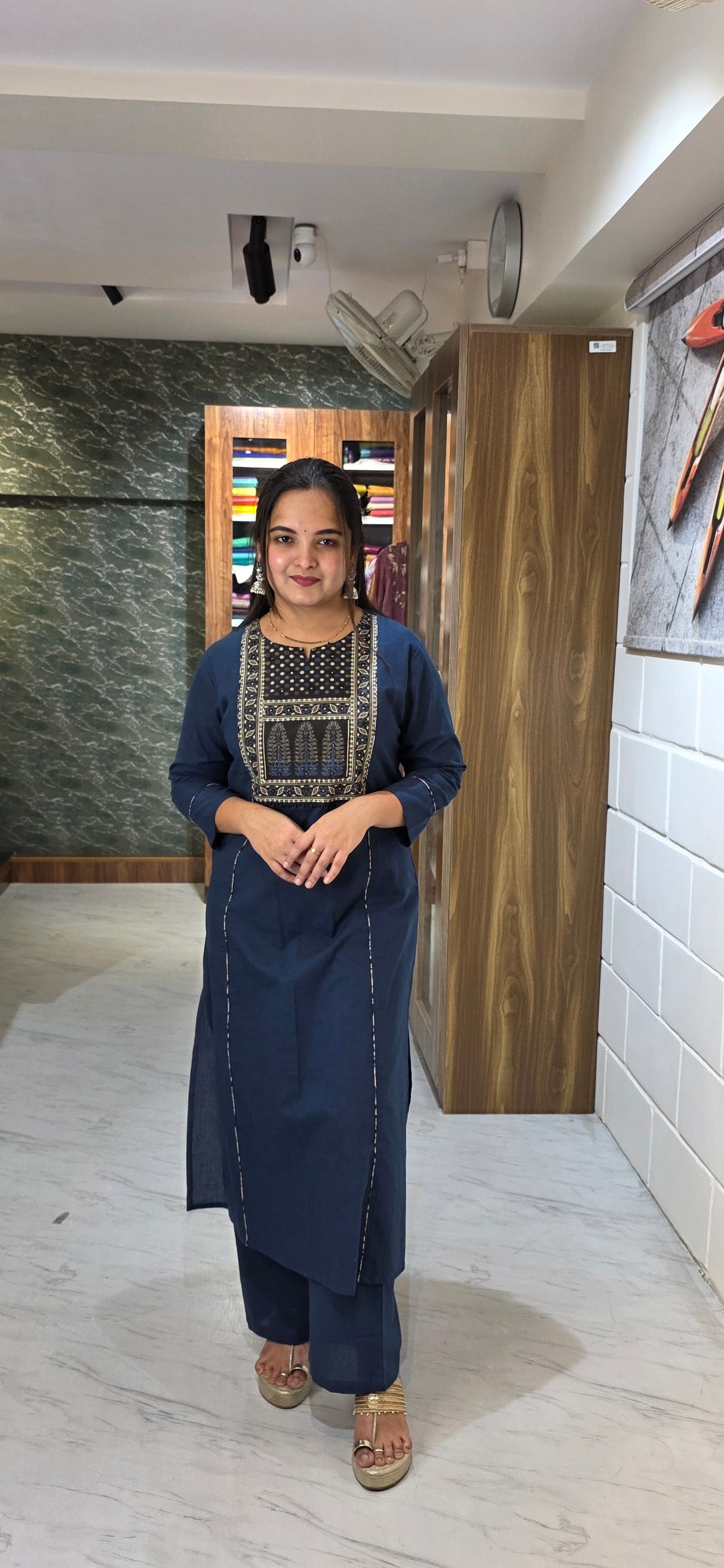 Blue Khadi Cotton Flex Patchwork Kurta Set view 3