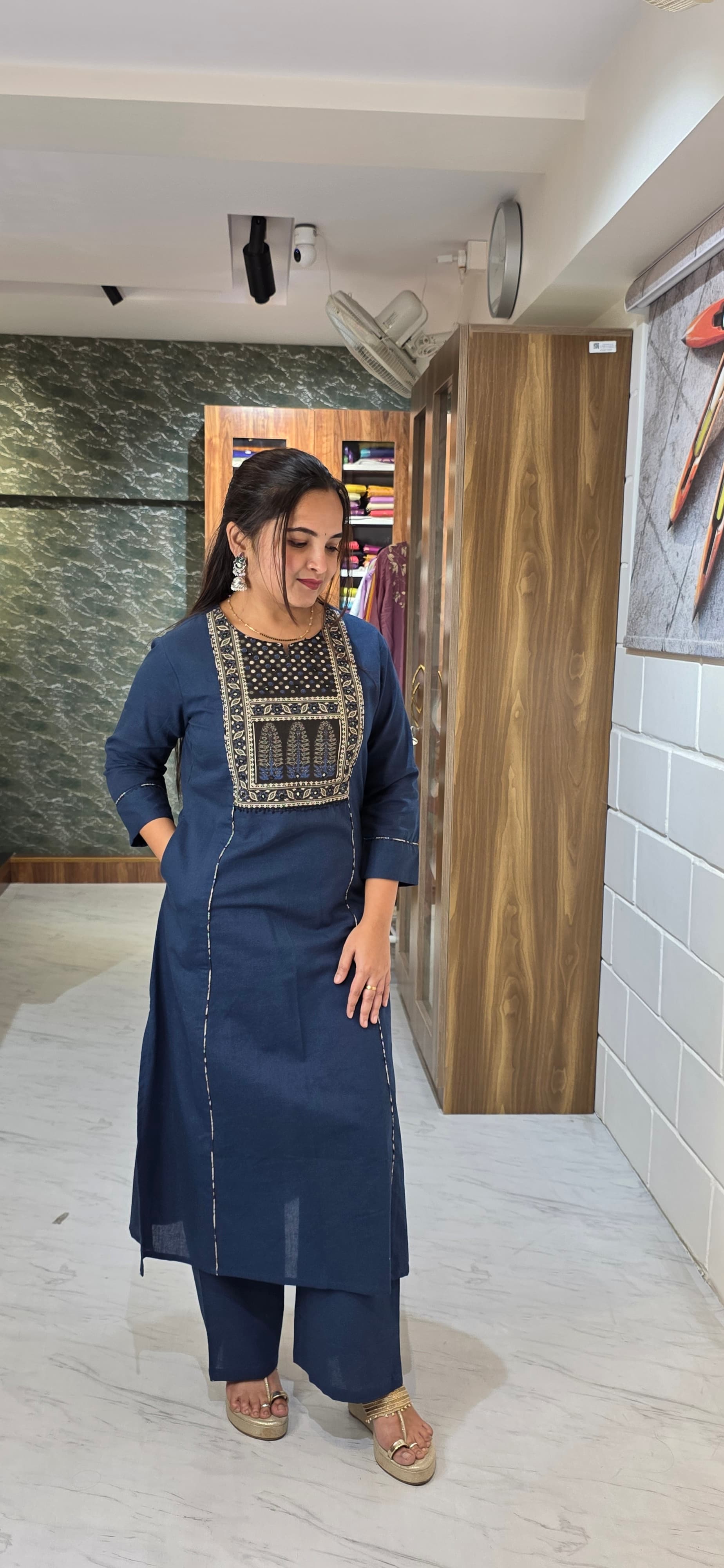 Blue Khadi Cotton Flex Patchwork Kurta Set view 4