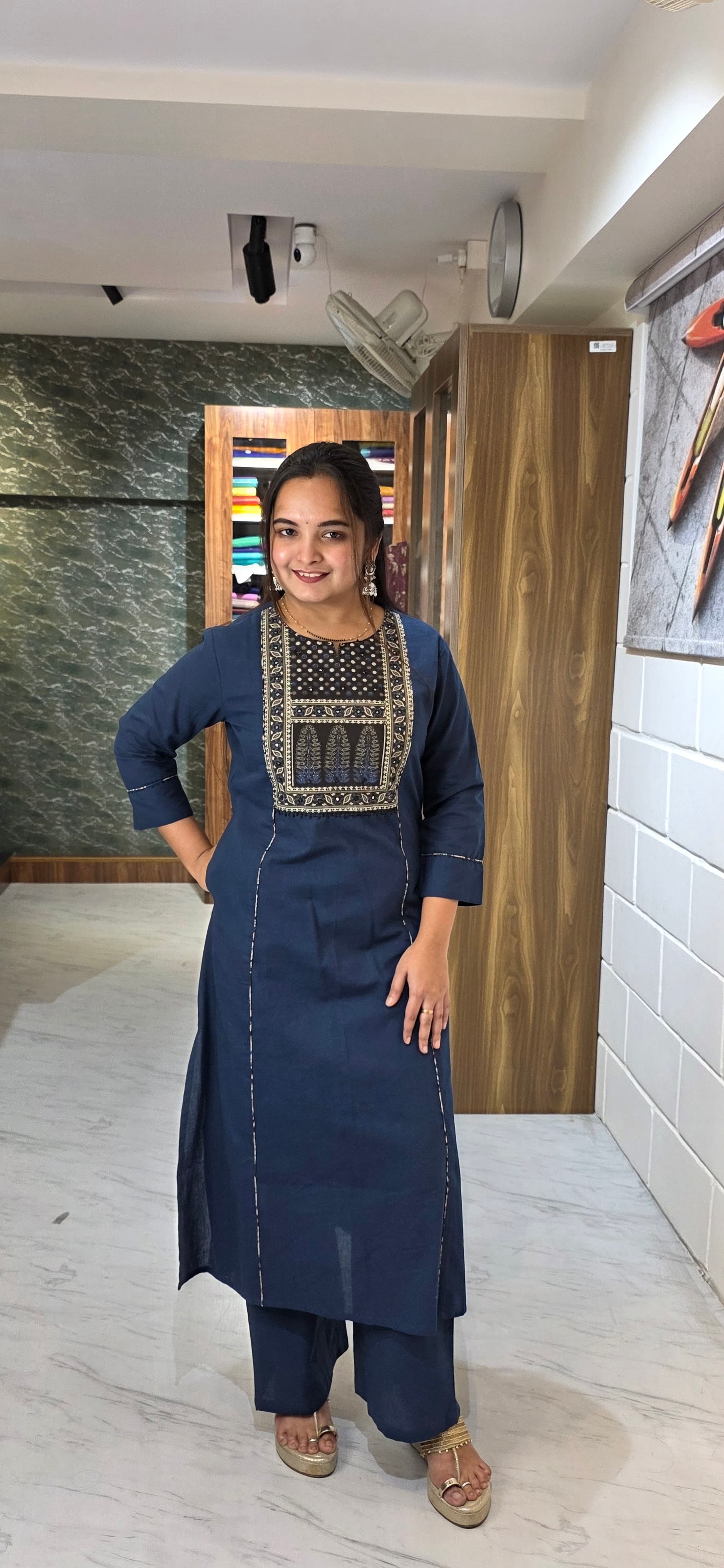 Blue Khadi Cotton Flex Patchwork Kurta Set view 5