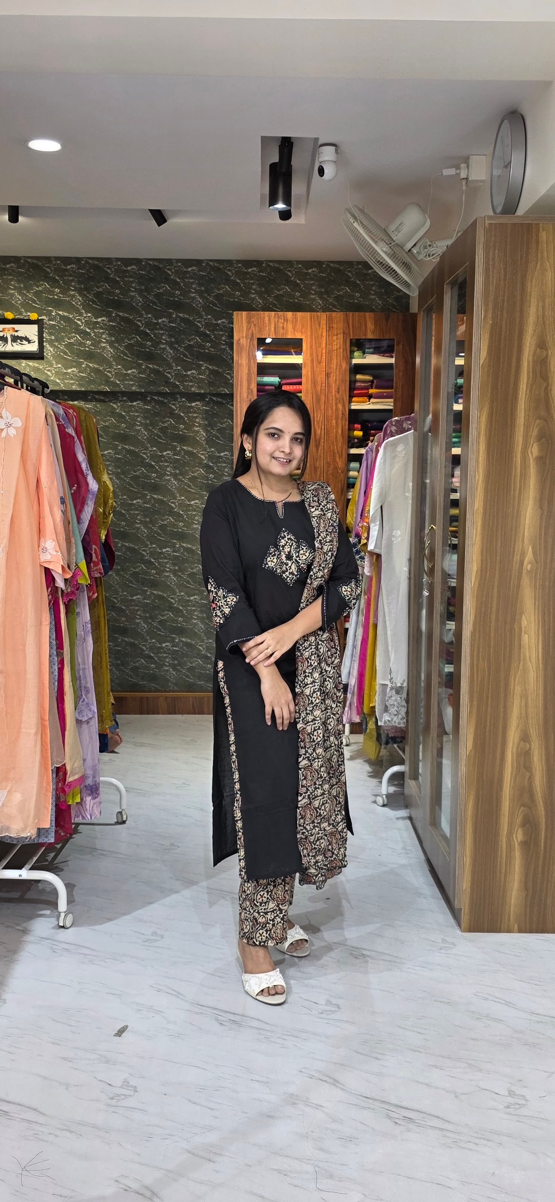 Classic Black Kurta Set with Patchwork Sleeves & Kalamkari Printed Cotton Bottom and Dupatta