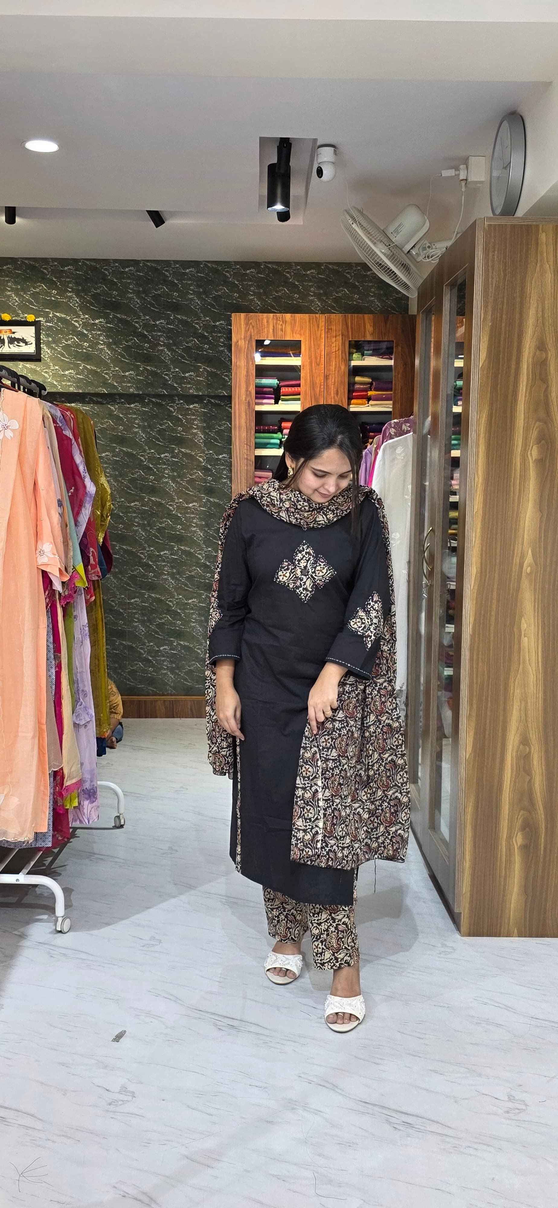 Classic Black Kurta Set with Patchwork Sleeves & Kalamkari Printed Cotton Bottom and Dupatta view 2