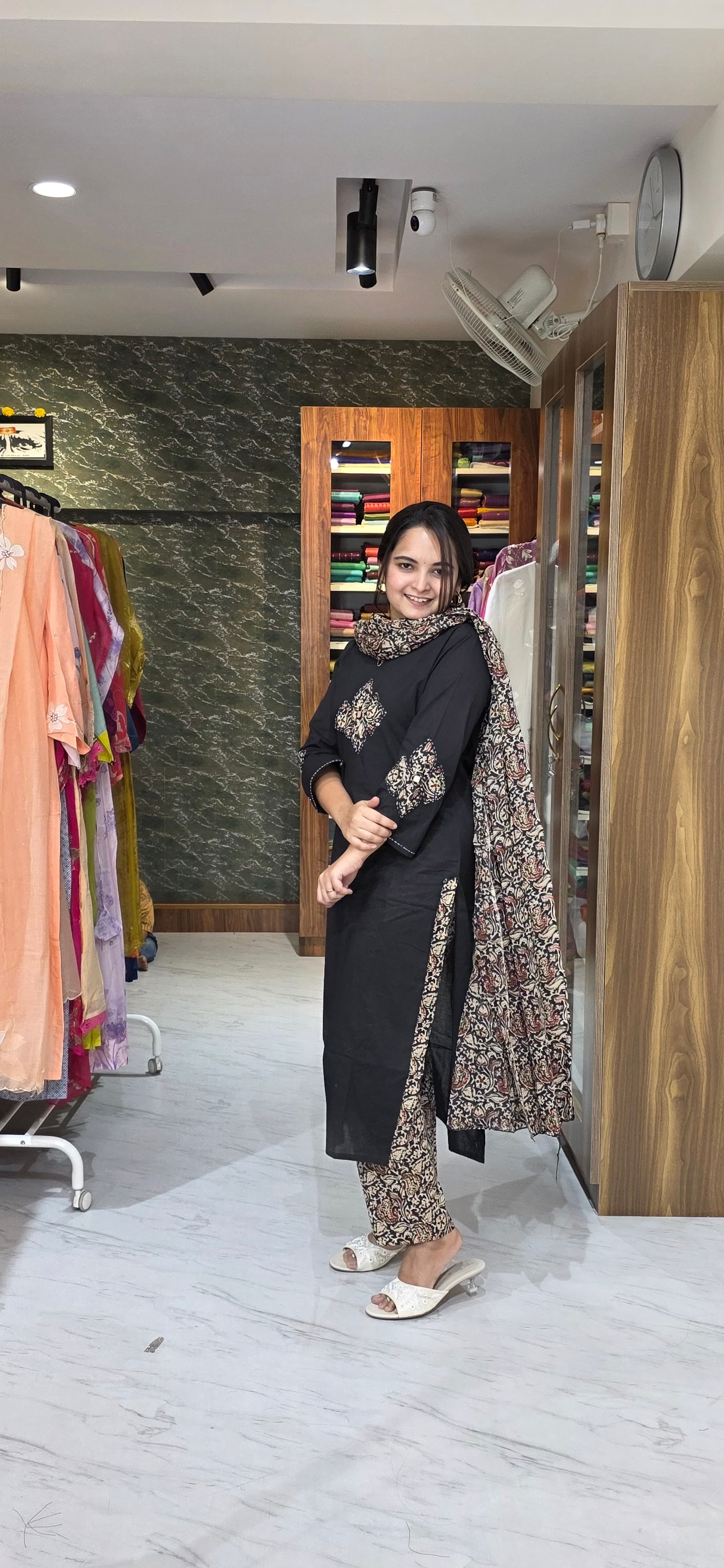 Classic Black Kurta Set with Patchwork Sleeves & Kalamkari Printed Cotton Bottom and Dupatta view 3