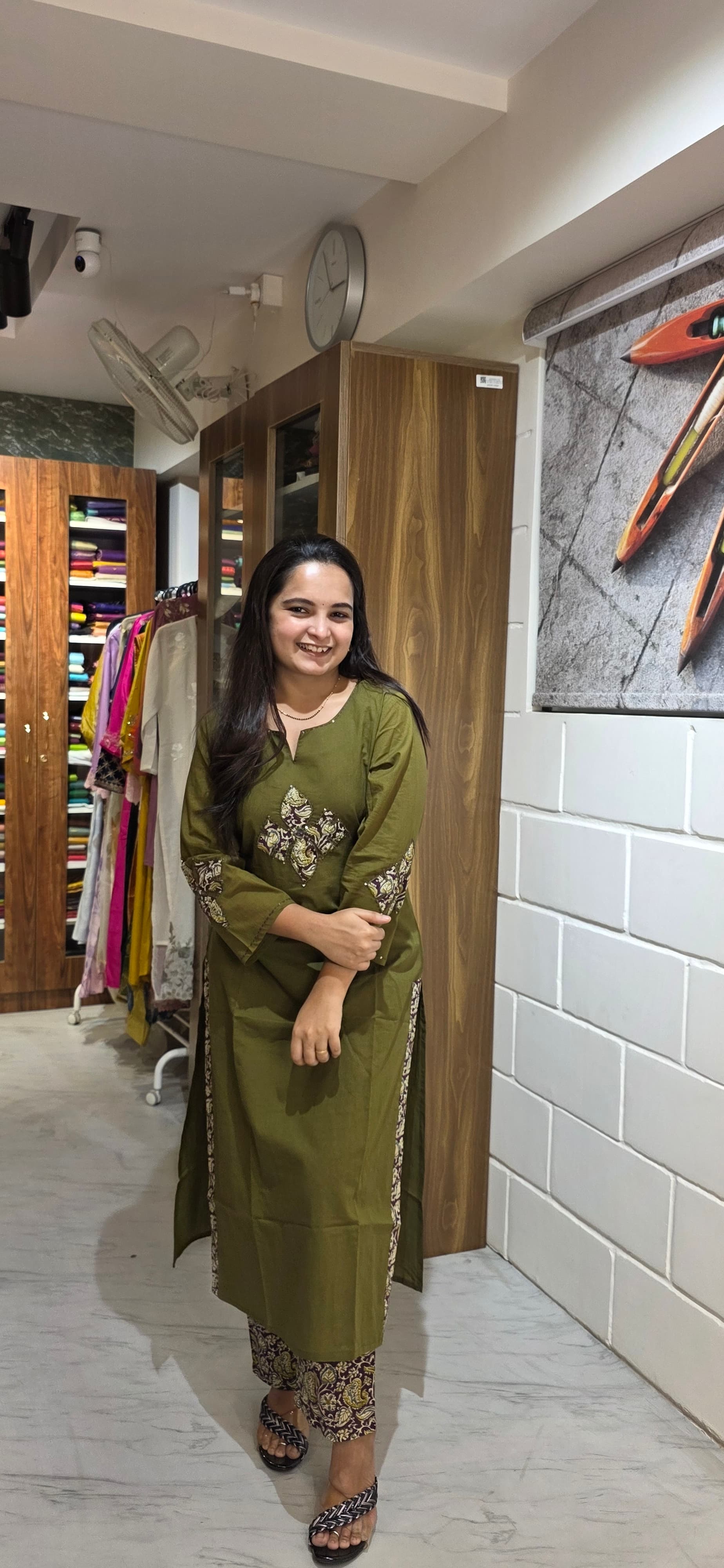 Olive Green Kurta Set with Kalamkari Printed Bottom & Dupatta