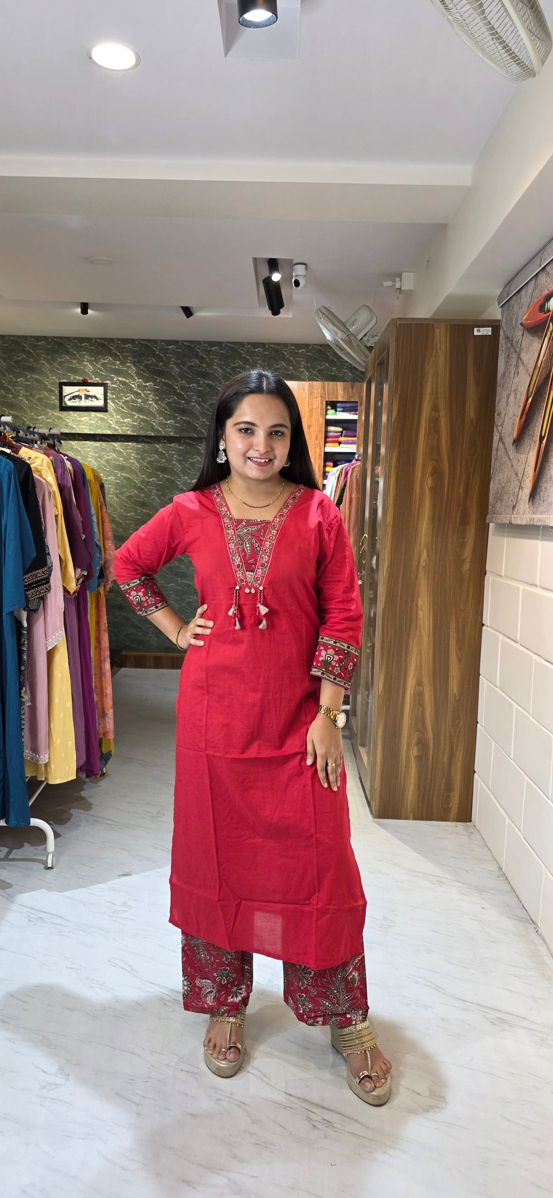 Crimson Red Ethnic Kurta Set with Printed Bottom & Dupatta