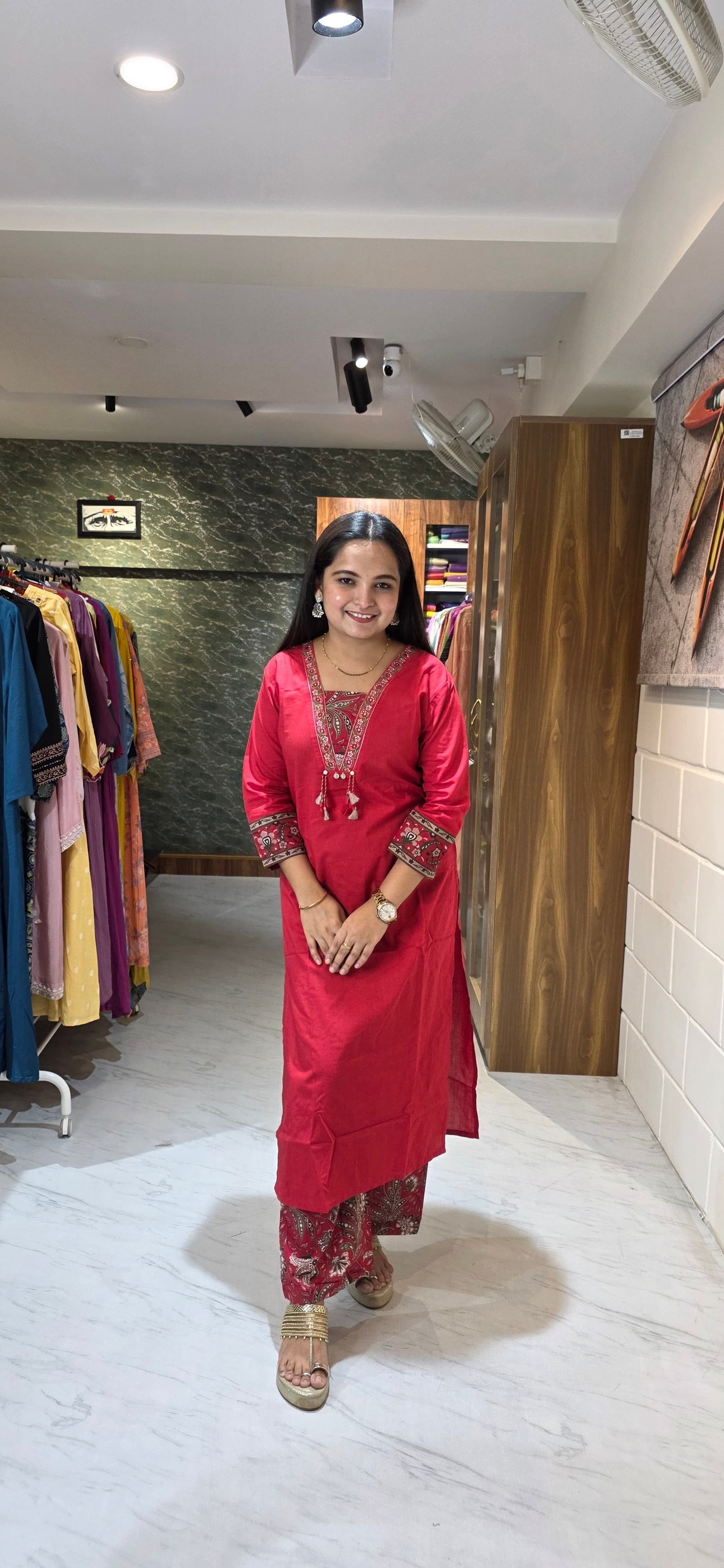 Crimson Red Ethnic Kurta Set with Printed Bottom & Dupatta view 2