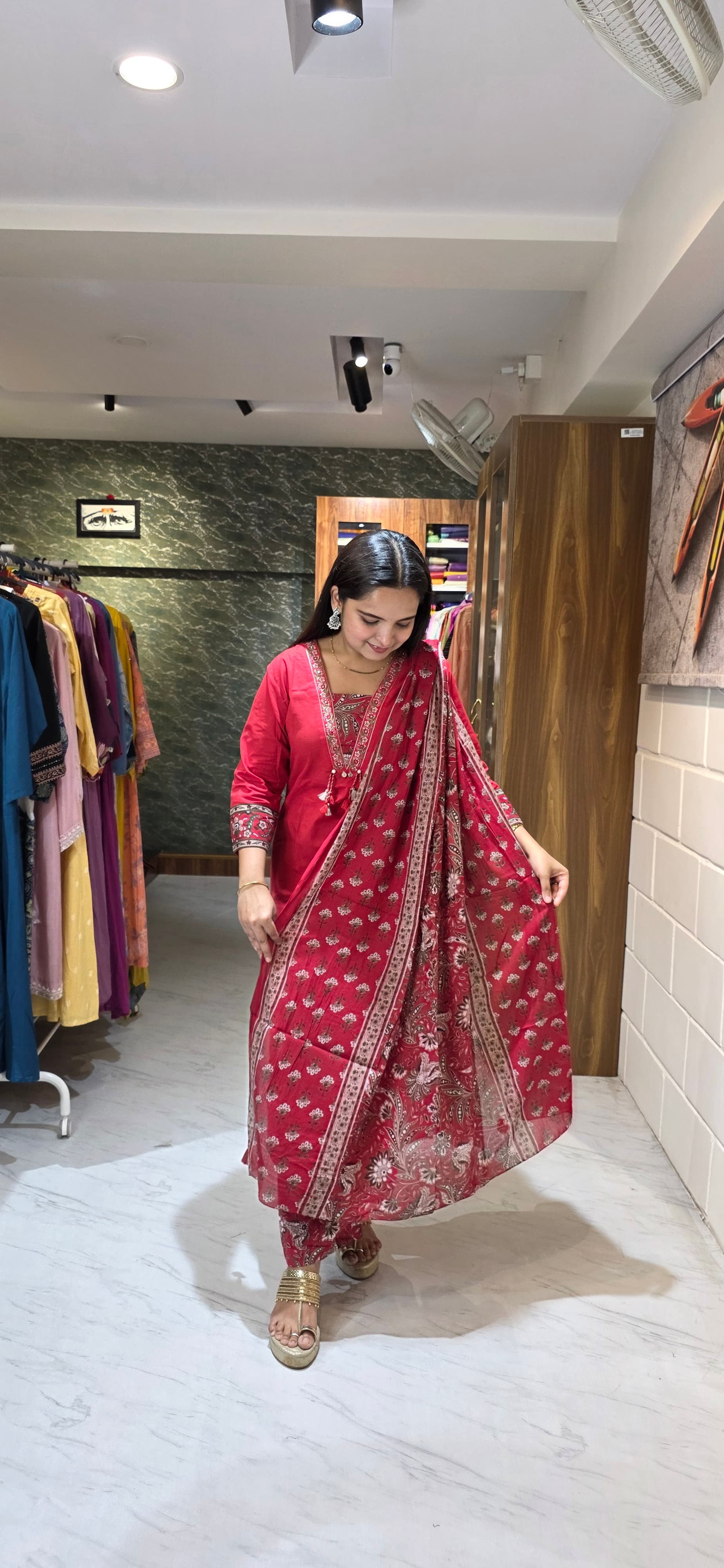 Crimson Red Ethnic Kurta Set with Printed Bottom & Dupatta view 3