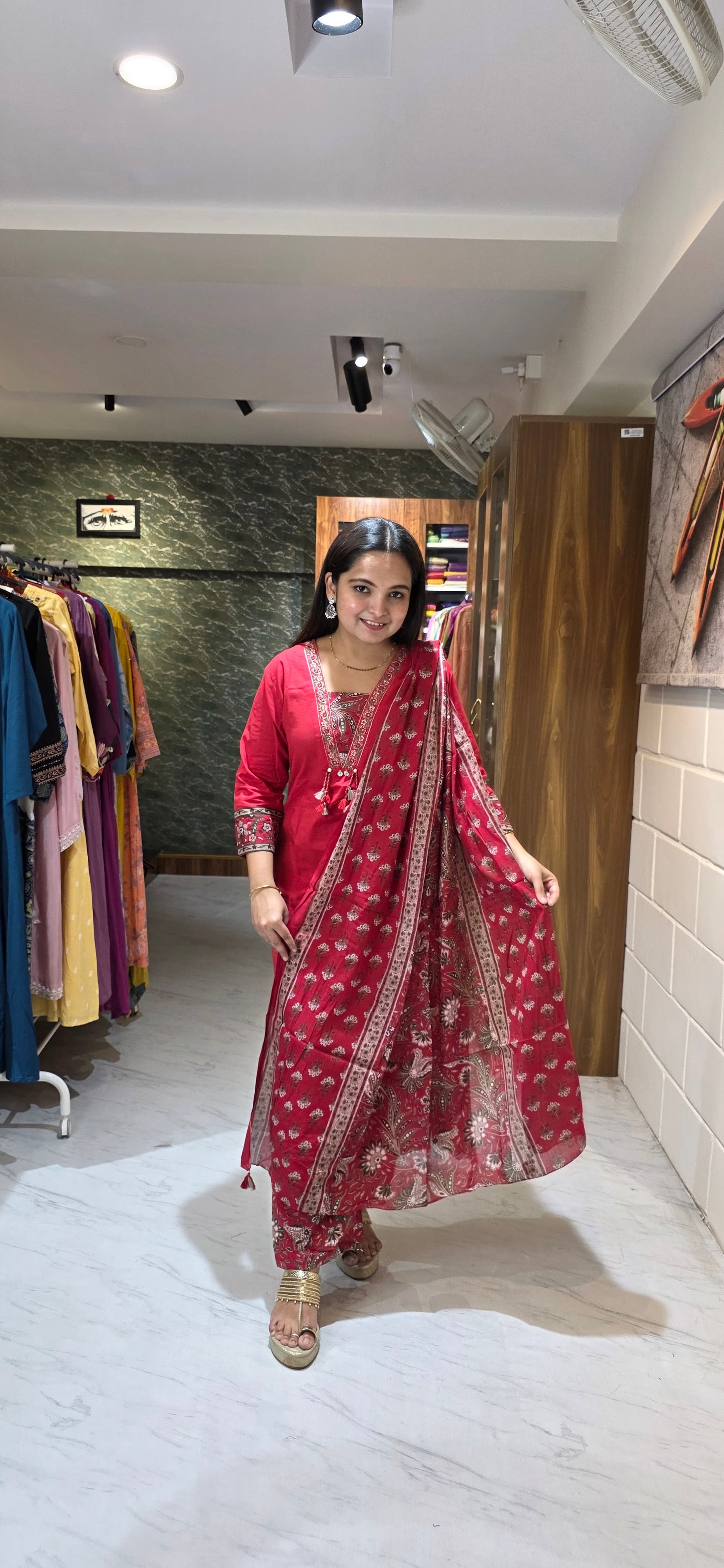 Crimson Red Ethnic Kurta Set with Printed Bottom & Dupatta view 4