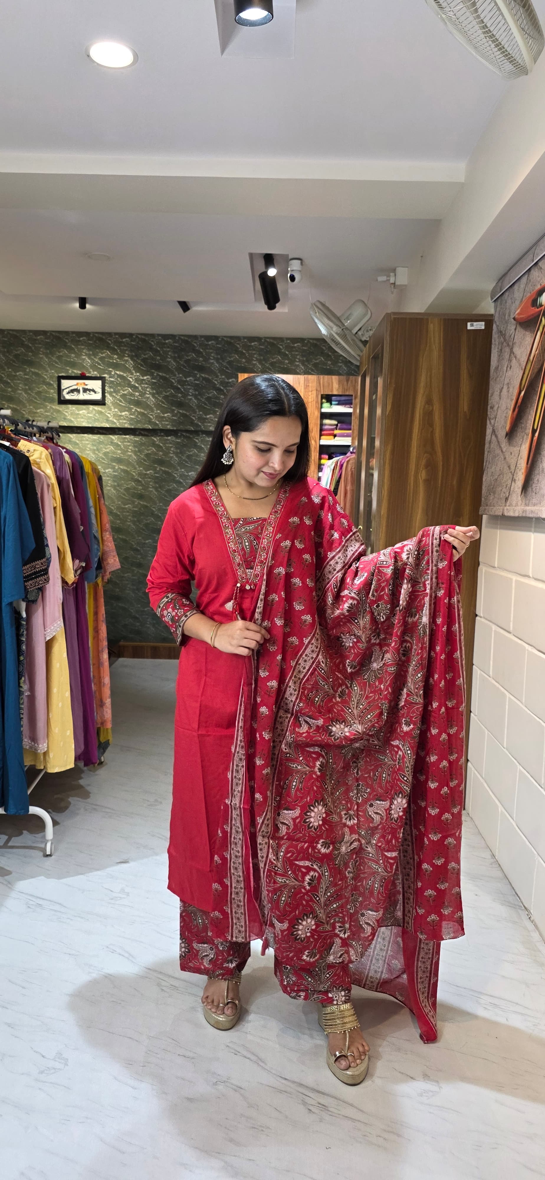 Crimson Red Ethnic Kurta Set with Printed Bottom & Dupatta view 5