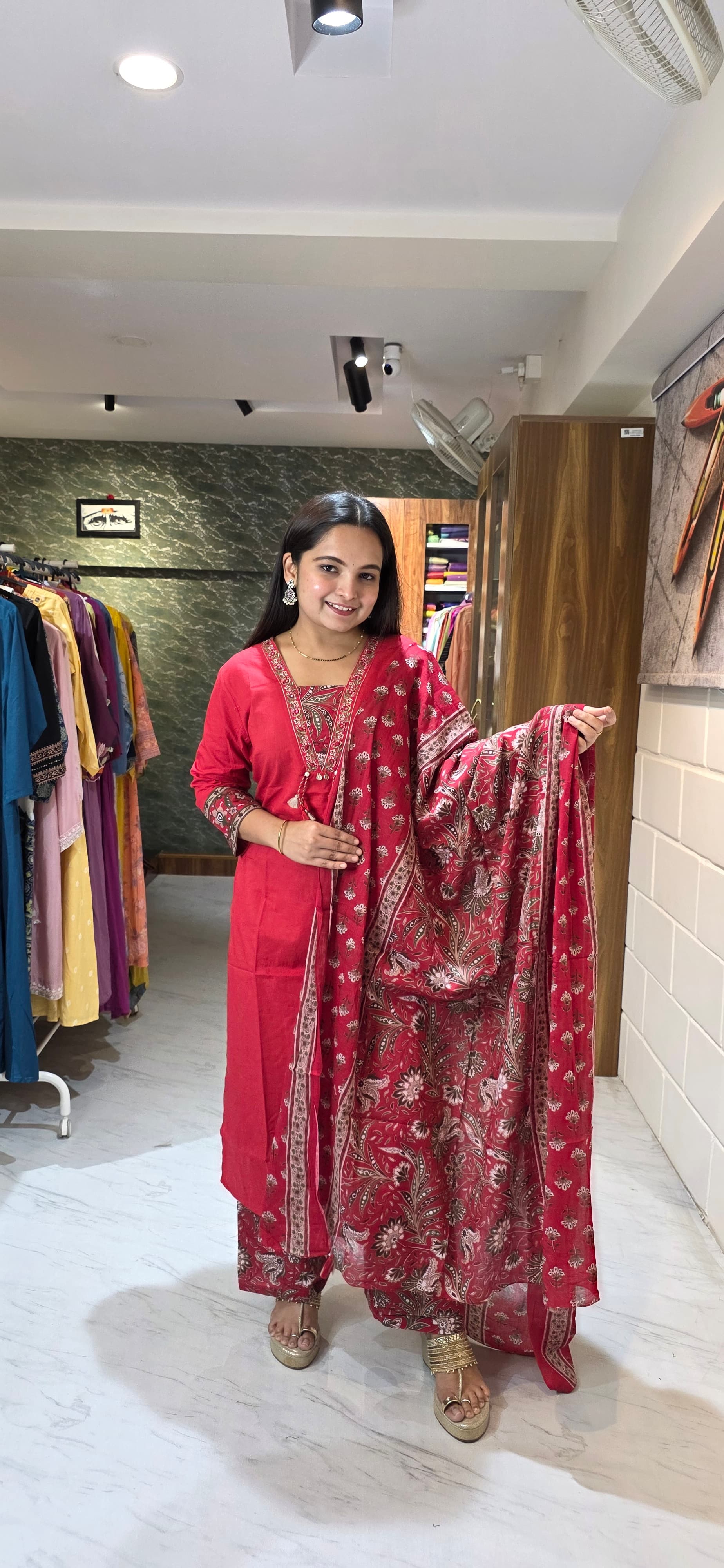 Crimson Red Ethnic Kurta Set with Printed Bottom & Dupatta view 6