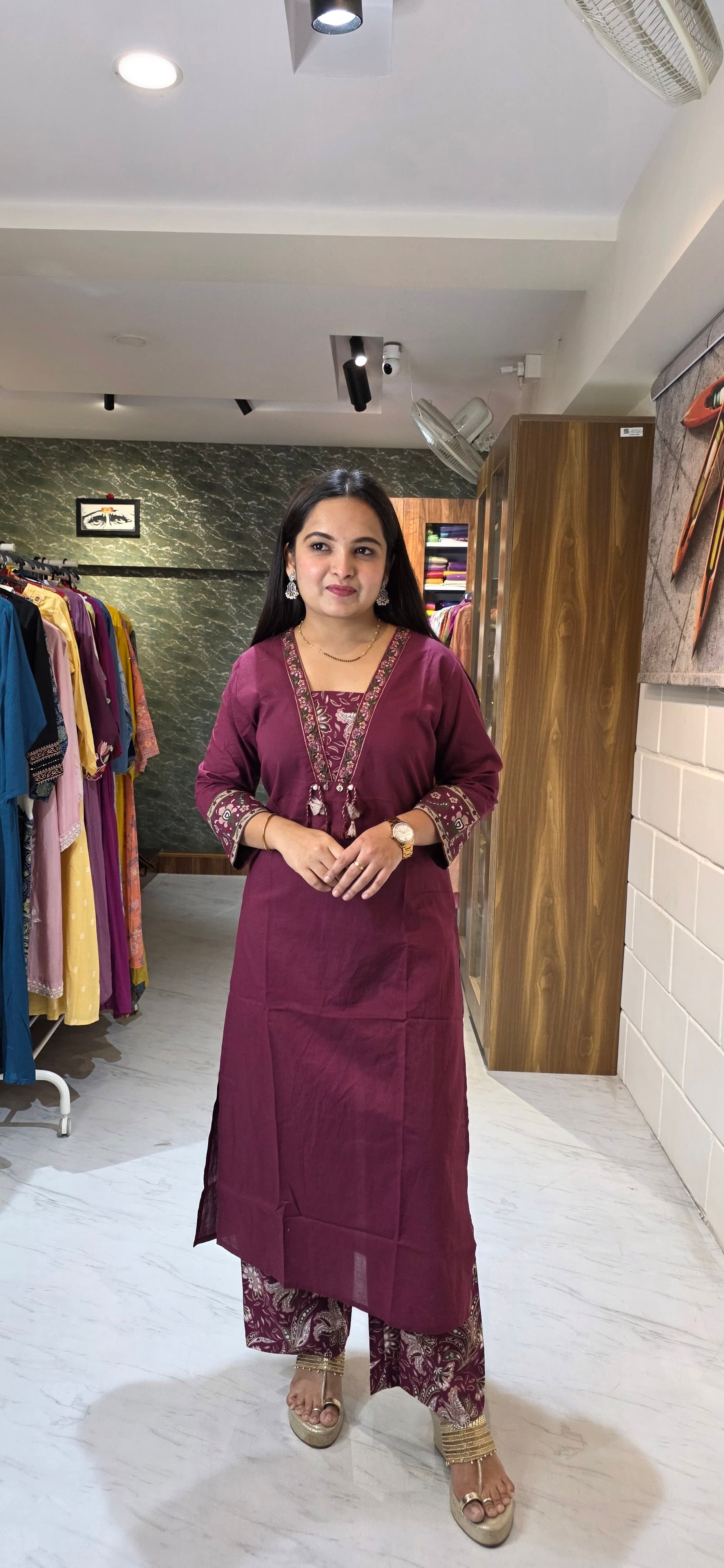 Wine Maroon Kurta Set with Printed Bottom & Dupatta