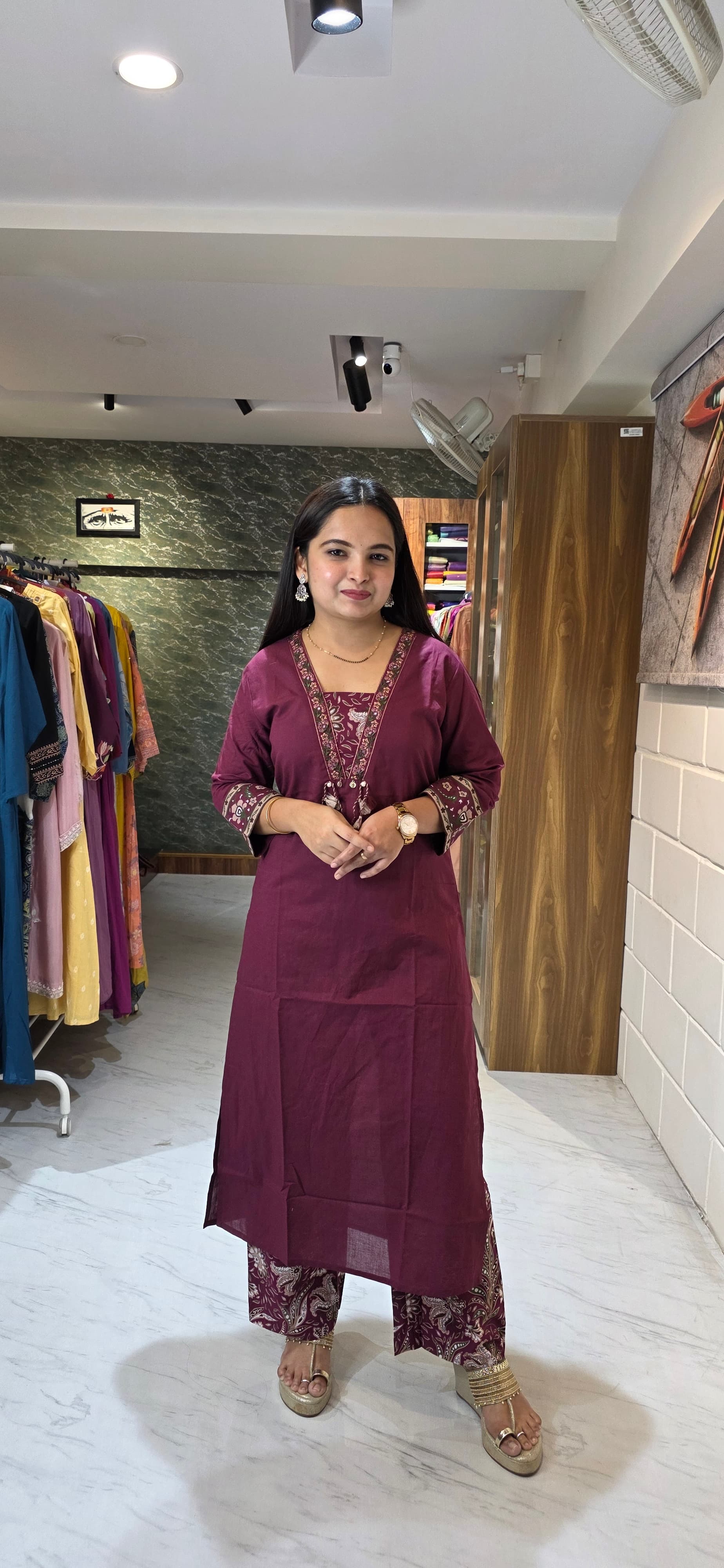 Wine Maroon Kurta Set with Printed Bottom & Dupatta view 2