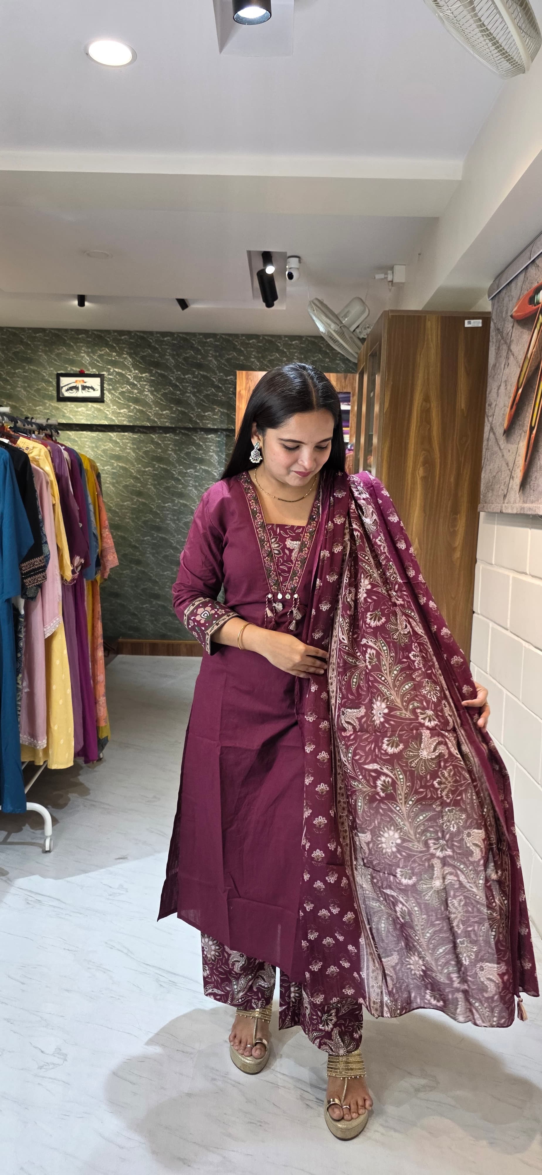 Wine Maroon Kurta Set with Printed Bottom & Dupatta view 3