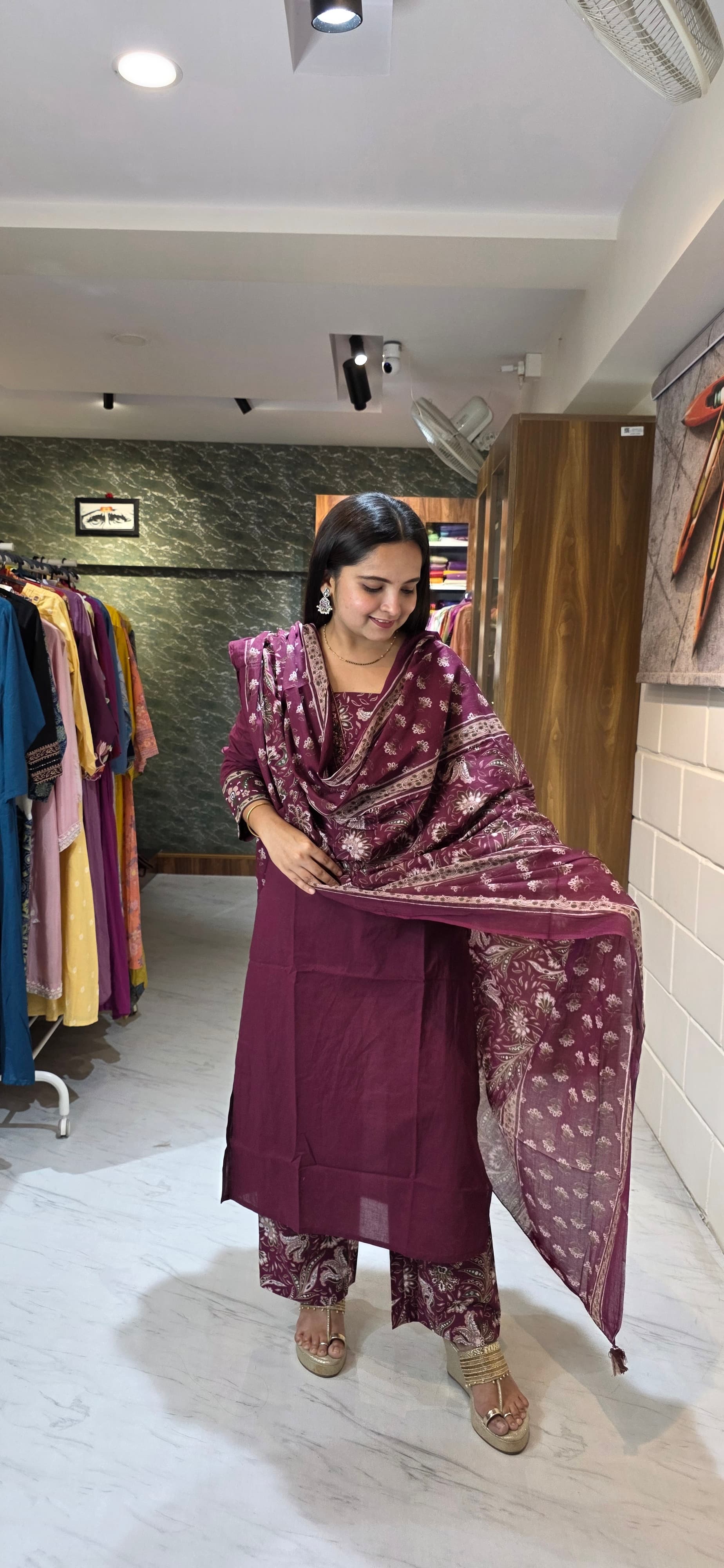 Wine Maroon Kurta Set with Printed Bottom & Dupatta view 4