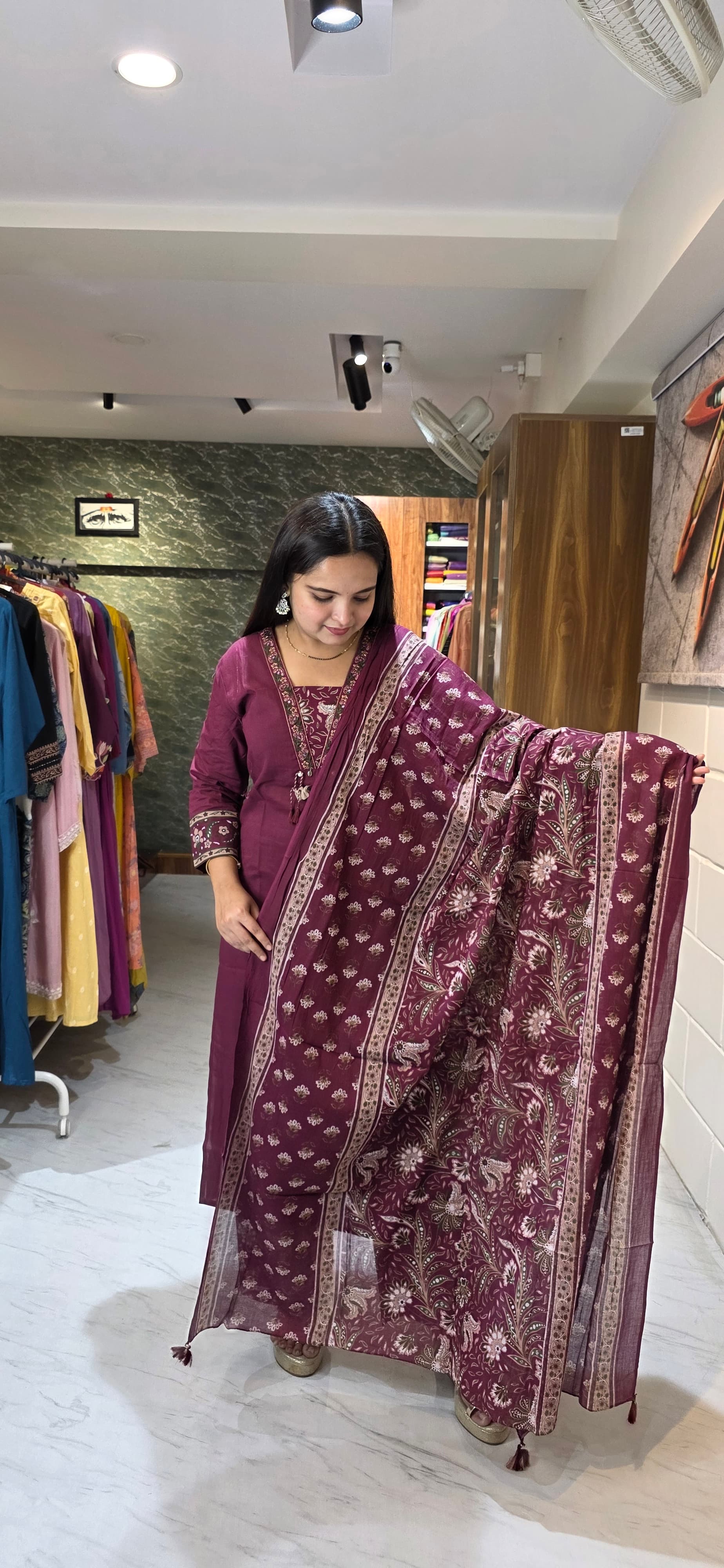 Wine Maroon Kurta Set with Printed Bottom & Dupatta view 5