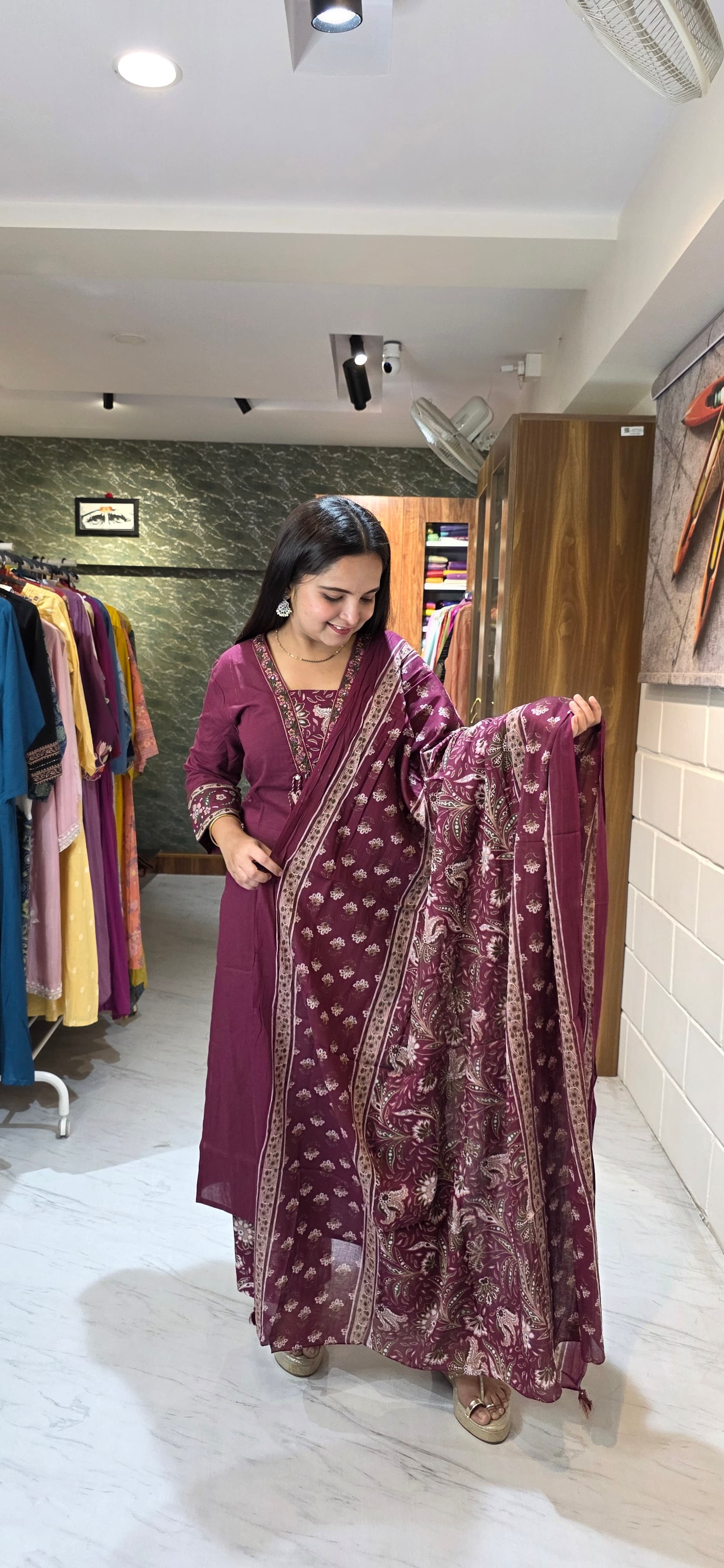 Wine Maroon Kurta Set with Printed Bottom & Dupatta view 6