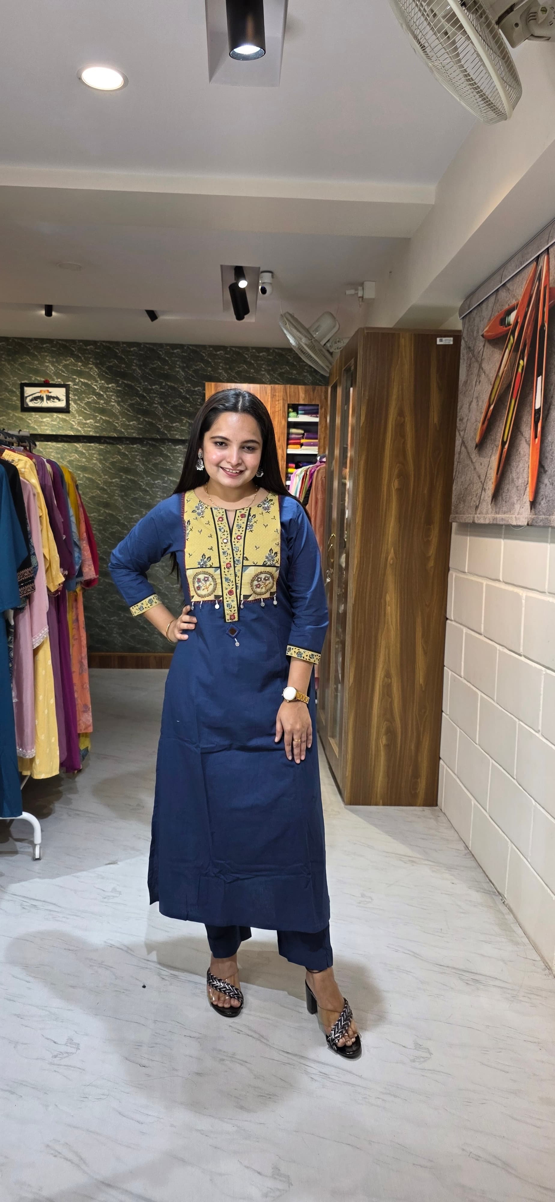 Navy Blue Premium Cotton Kurta Set with Contrast Yoke Pattern & Printed Dupatta