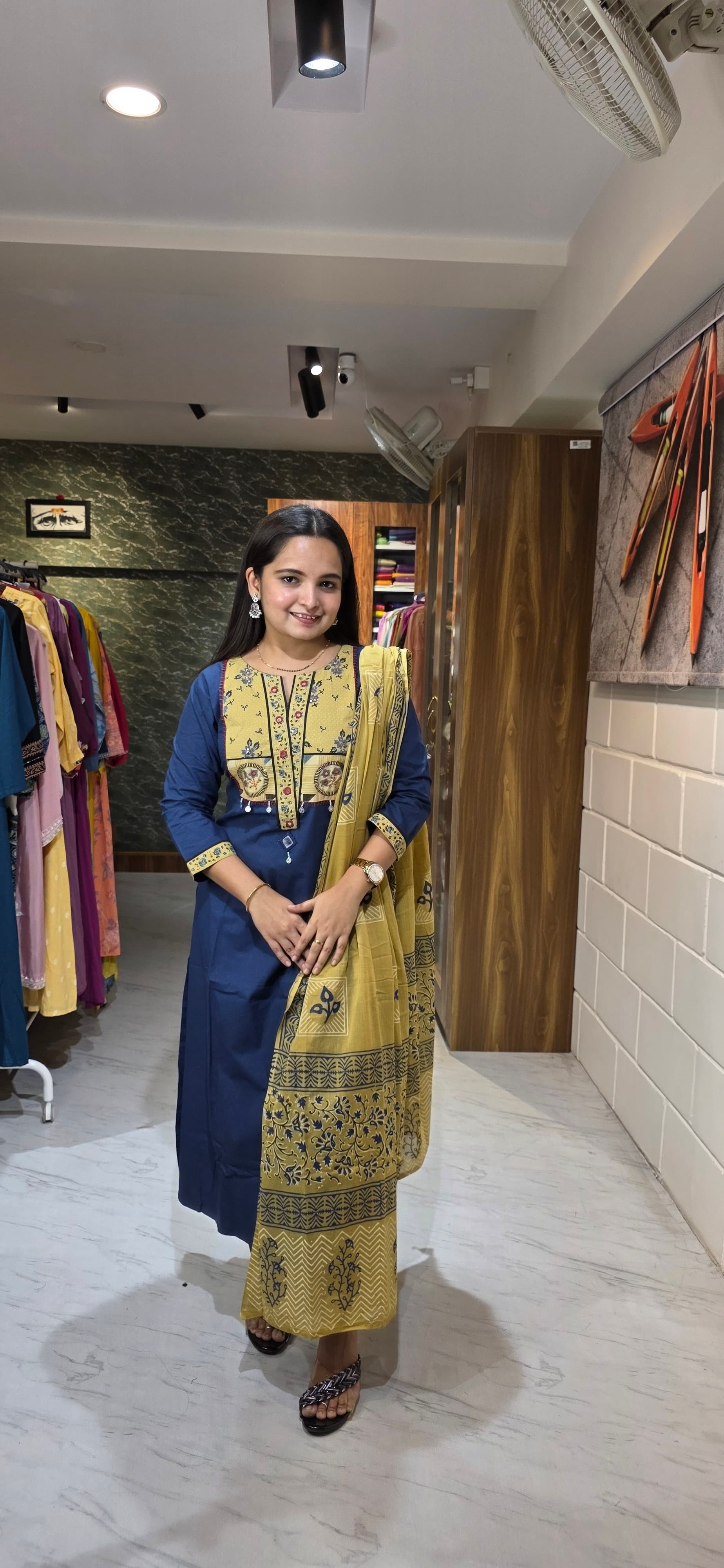 Navy Blue Premium Cotton Kurta Set with Contrast Yoke Pattern & Printed Dupatta view 2