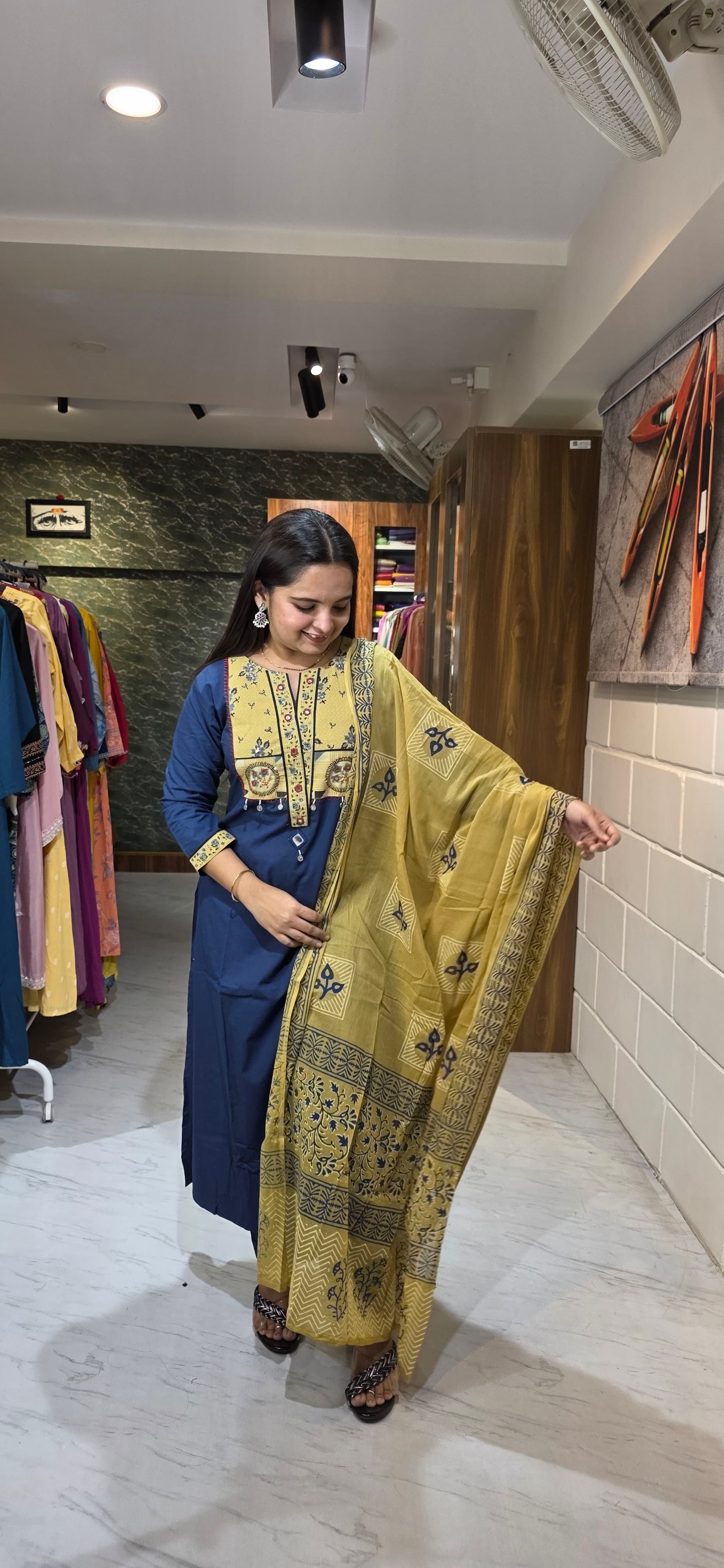 Navy Blue Premium Cotton Kurta Set with Contrast Yoke Pattern & Printed Dupatta view 3