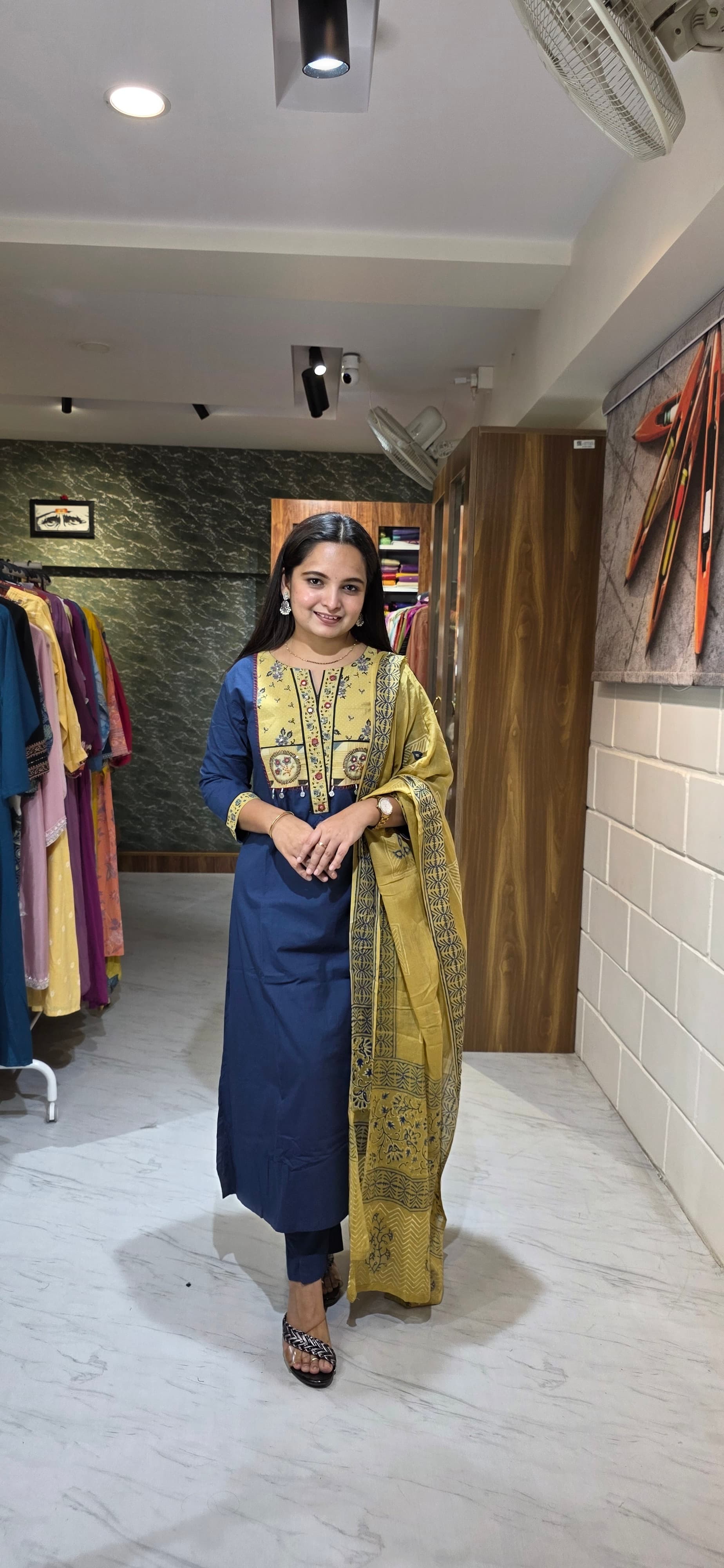 Navy Blue Premium Cotton Kurta Set with Contrast Yoke Pattern & Printed Dupatta view 4