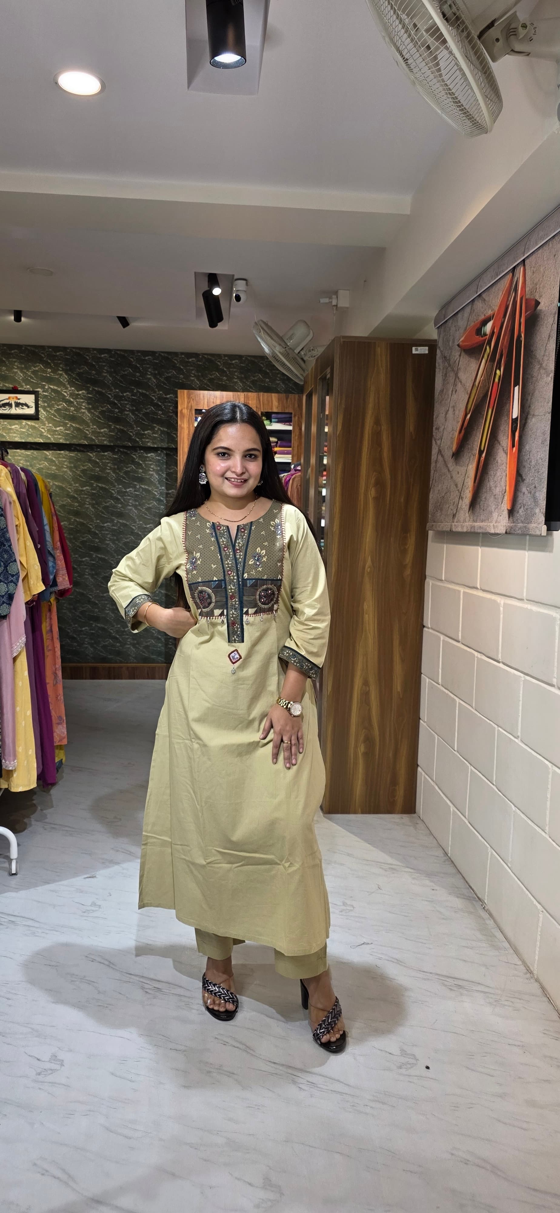 Beige Premium Cotton Kurta Set with Contrast Yoke & Coordinated Dupatta