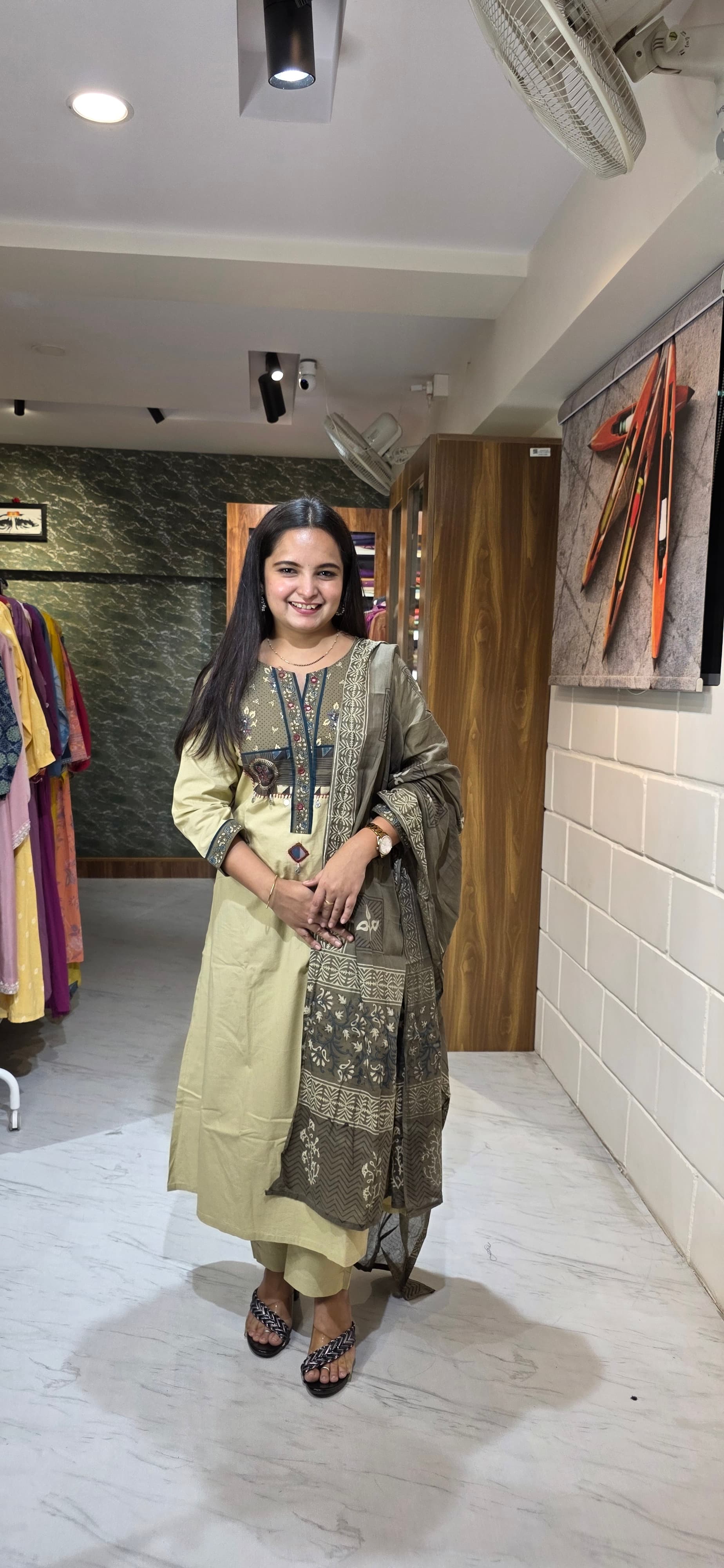 Beige Premium Cotton Kurta Set with Contrast Yoke & Coordinated Dupatta view 2