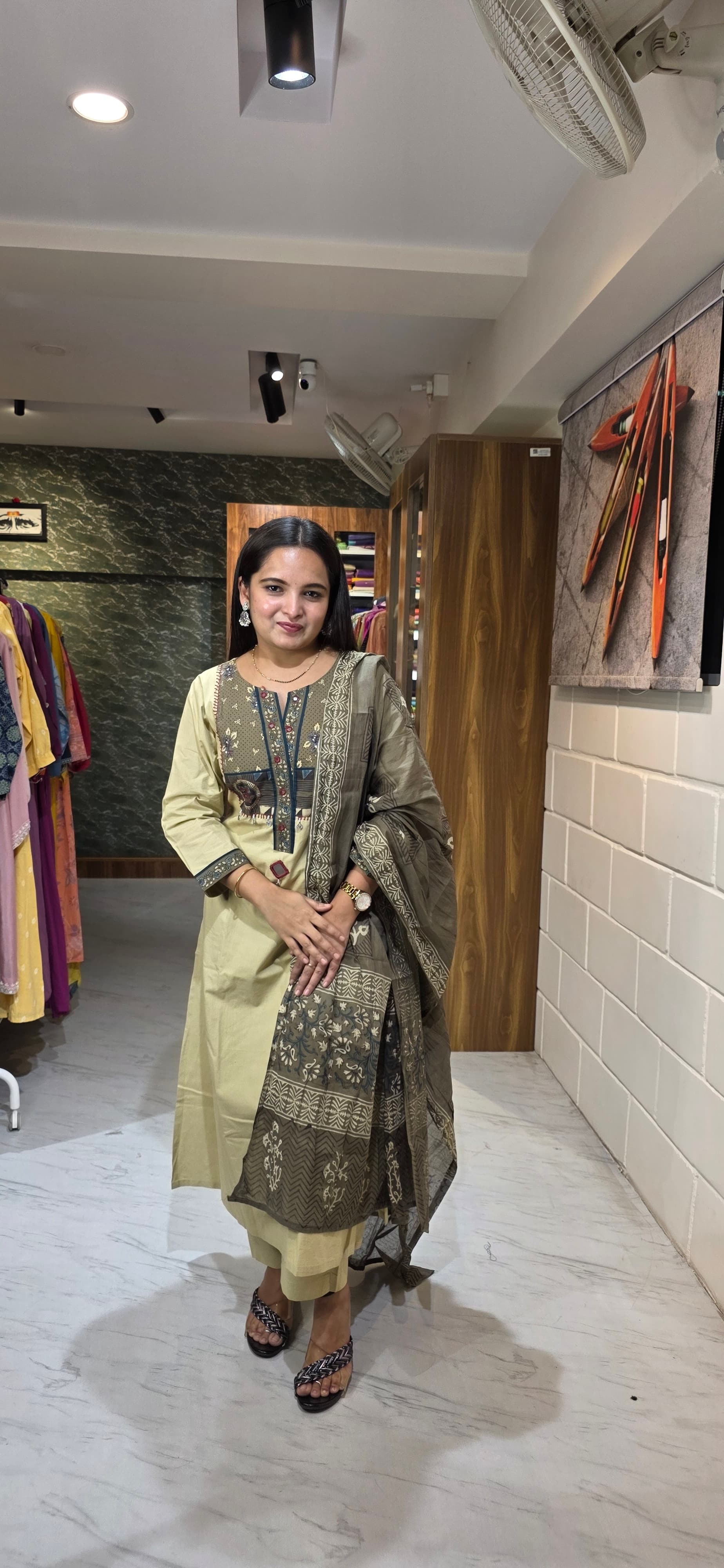 Beige Premium Cotton Kurta Set with Contrast Yoke & Coordinated Dupatta view 3