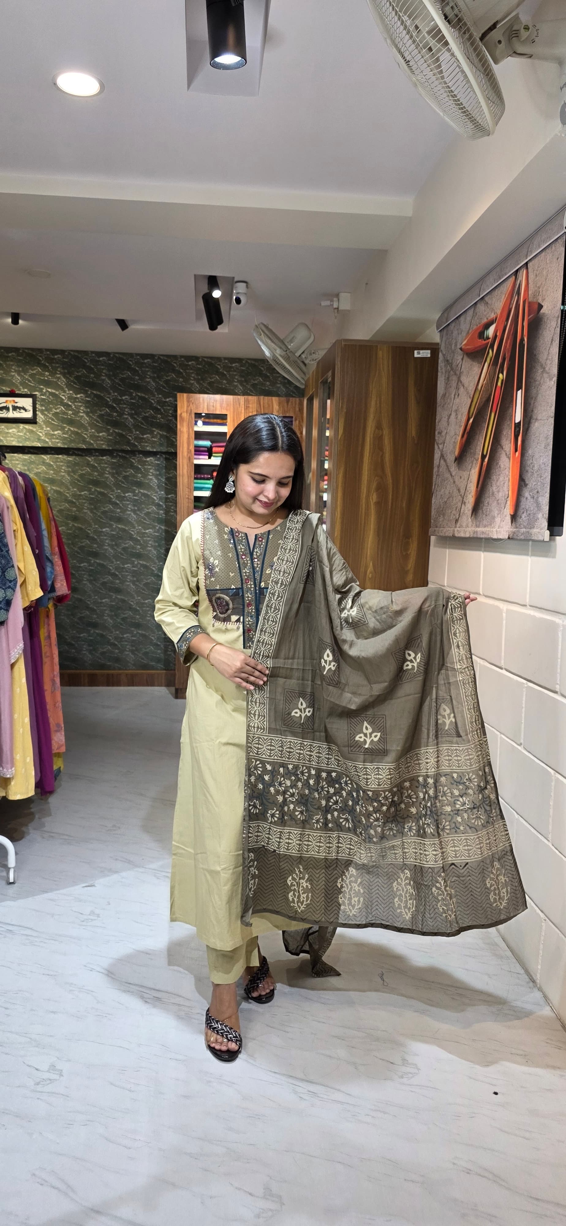 Beige Premium Cotton Kurta Set with Contrast Yoke & Coordinated Dupatta view 4