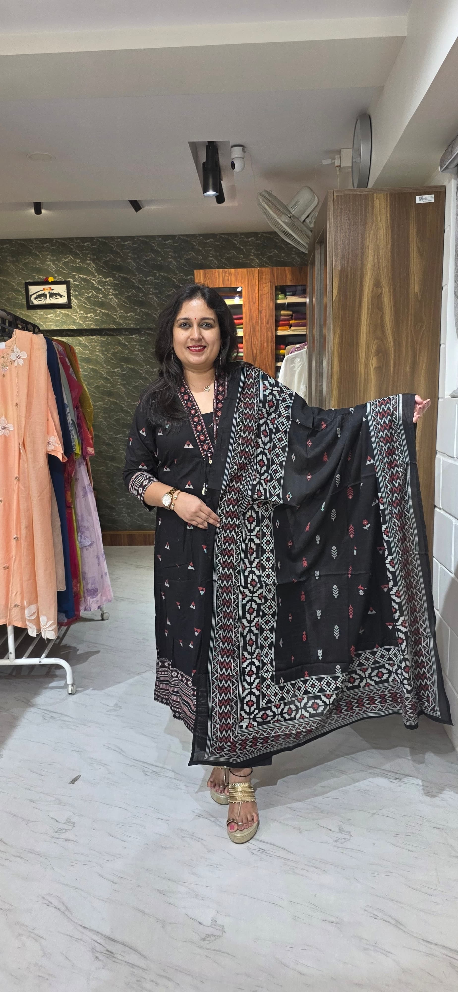 Midnight Black Ethnic Printed Kurta Set with Dupatta view 5