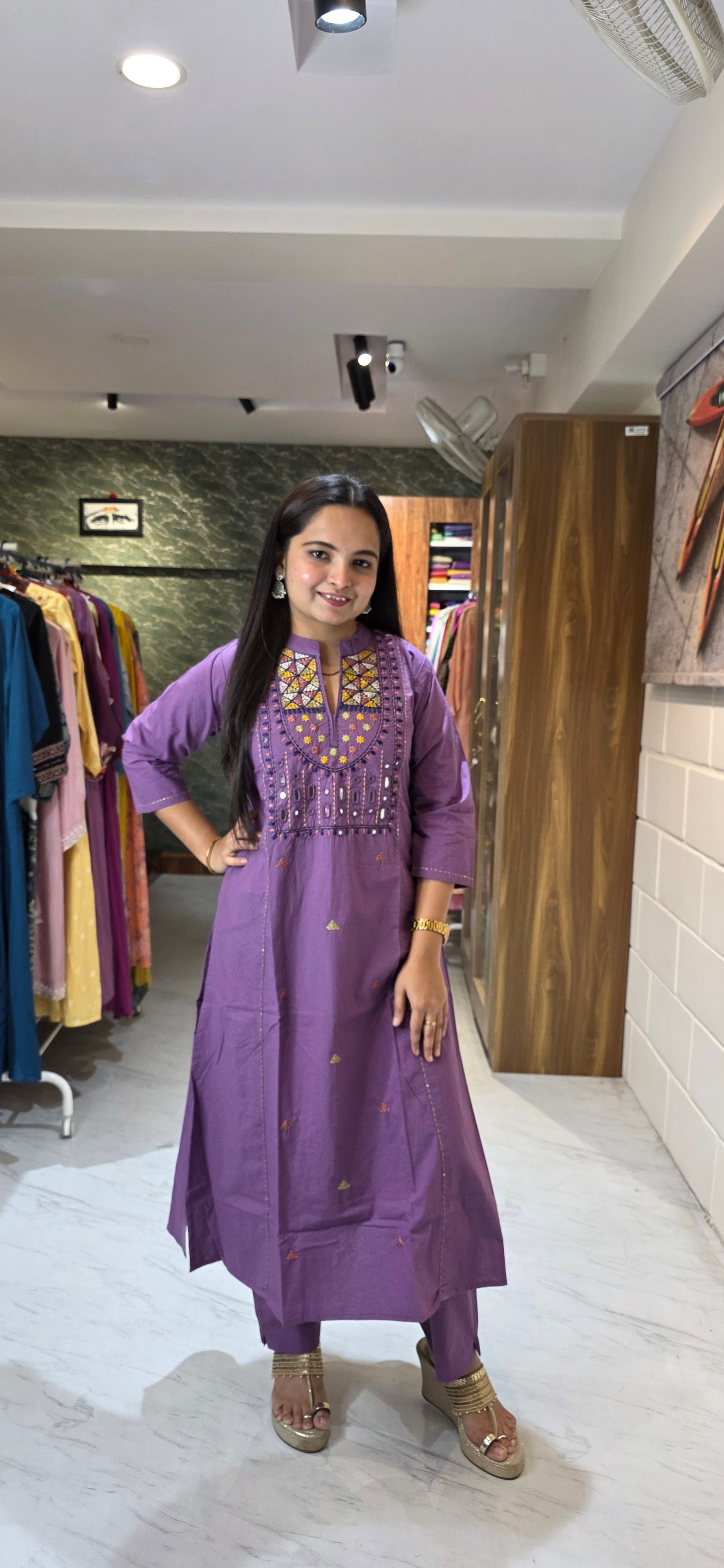 Royal Purple Kantha & Mirror Work Kurta Set with Dupatta