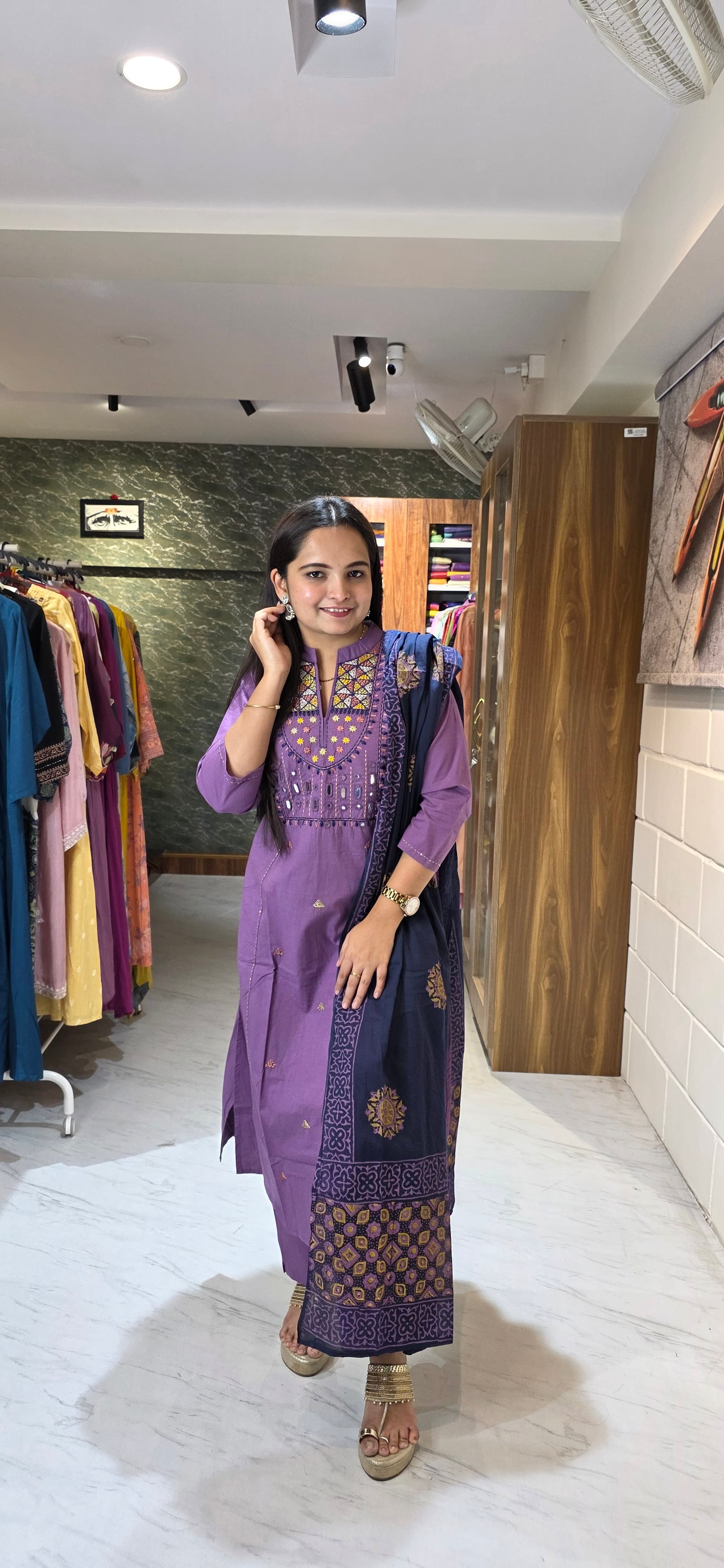 Royal Purple Kantha & Mirror Work Kurta Set with Dupatta view 2