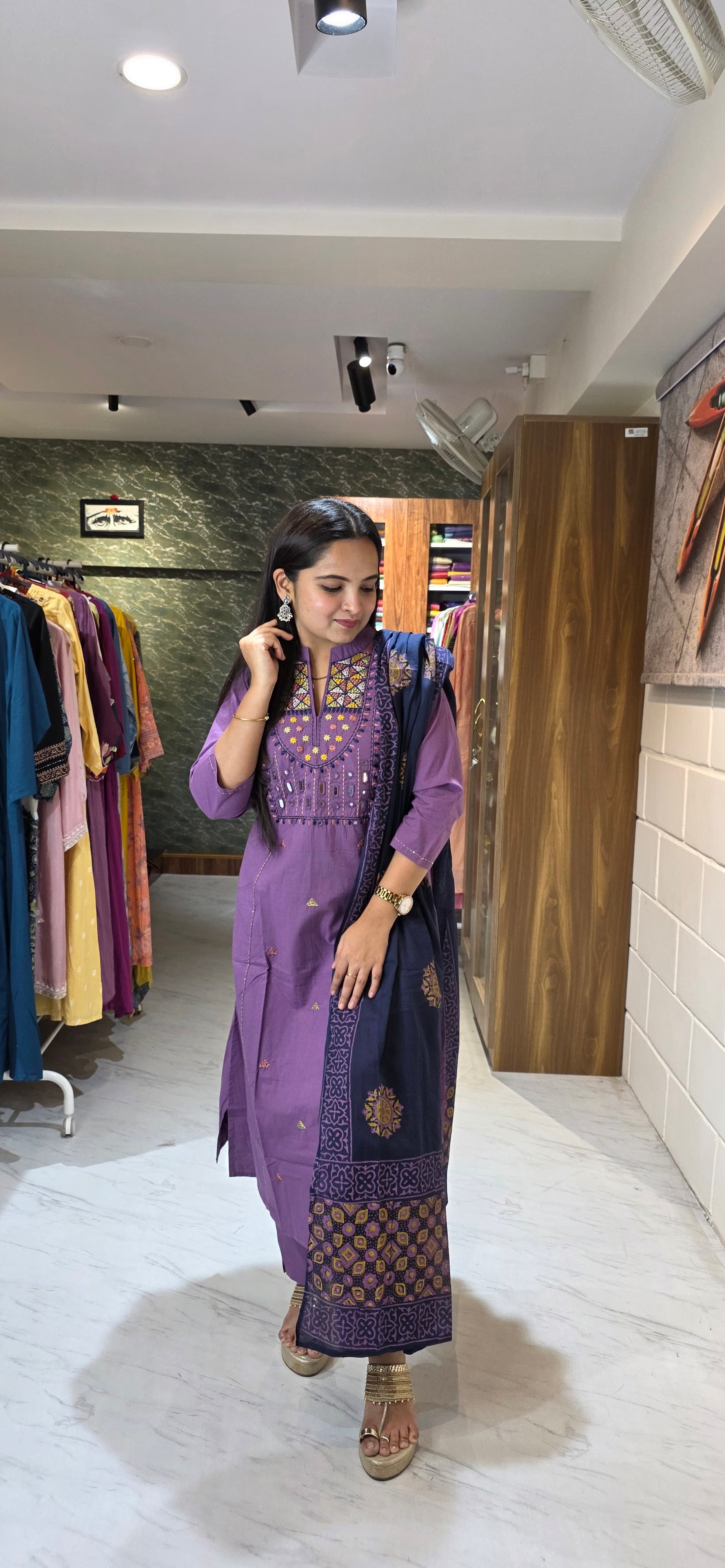 Royal Purple Kantha & Mirror Work Kurta Set with Dupatta view 3