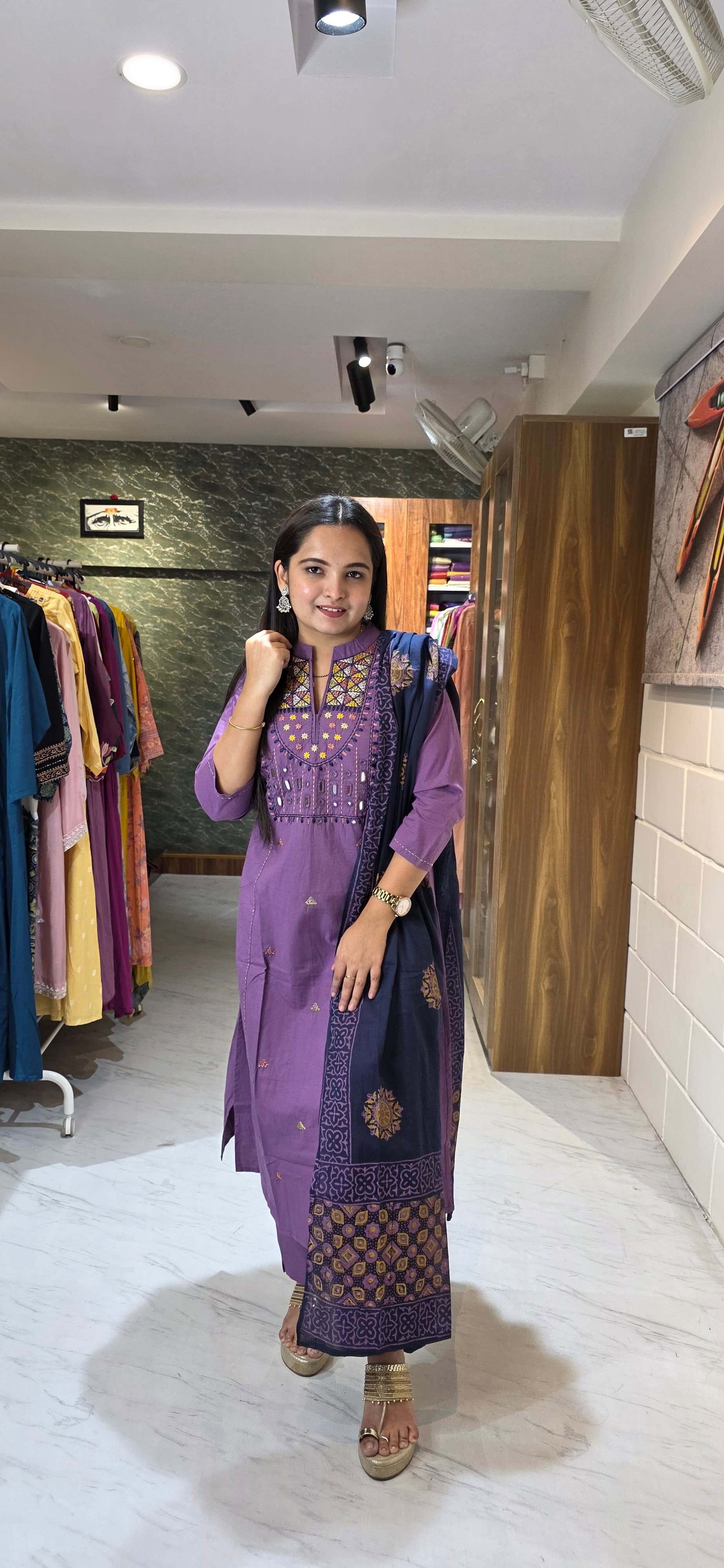 Royal Purple Kantha & Mirror Work Kurta Set with Dupatta view 4