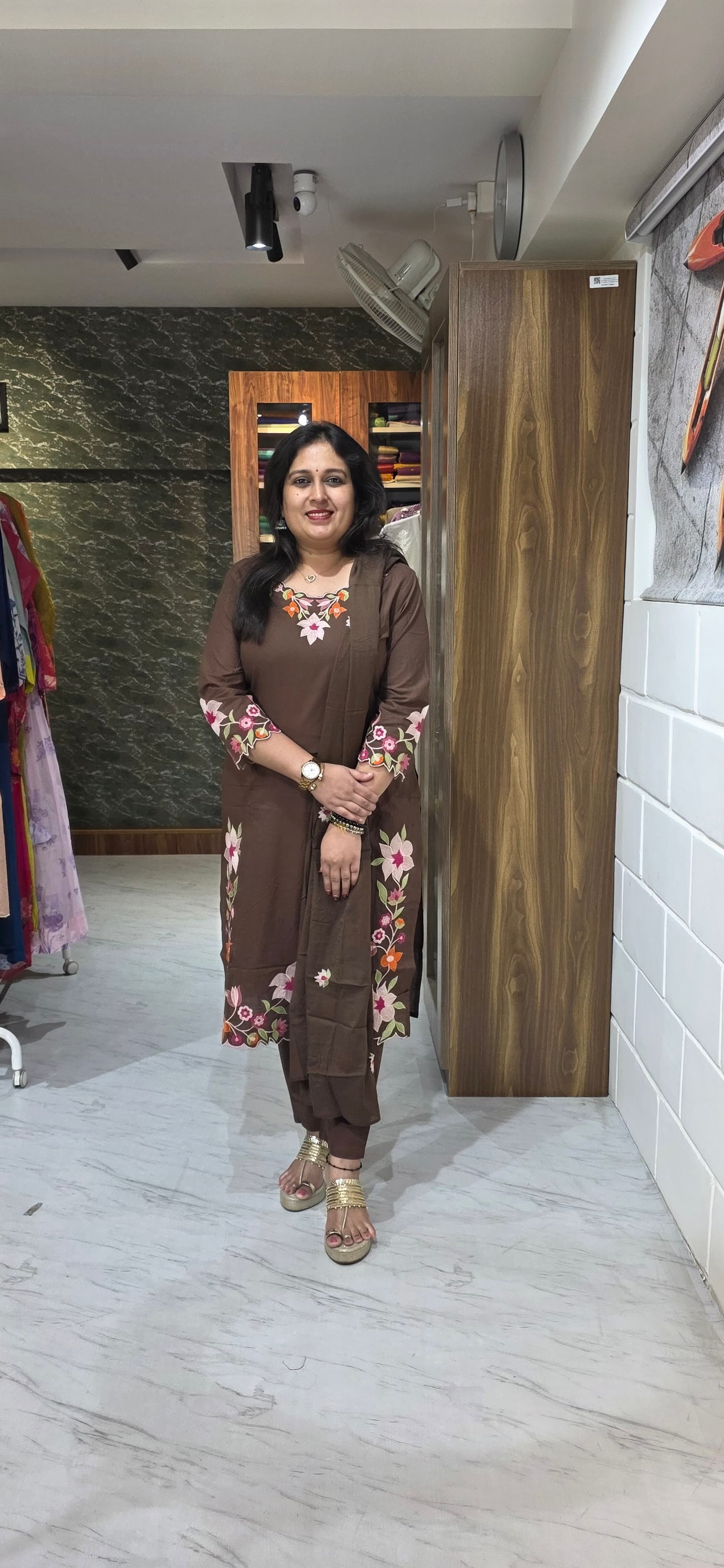 Earthy Brown Floral Kurta Set with Mul Cotton Dupatta