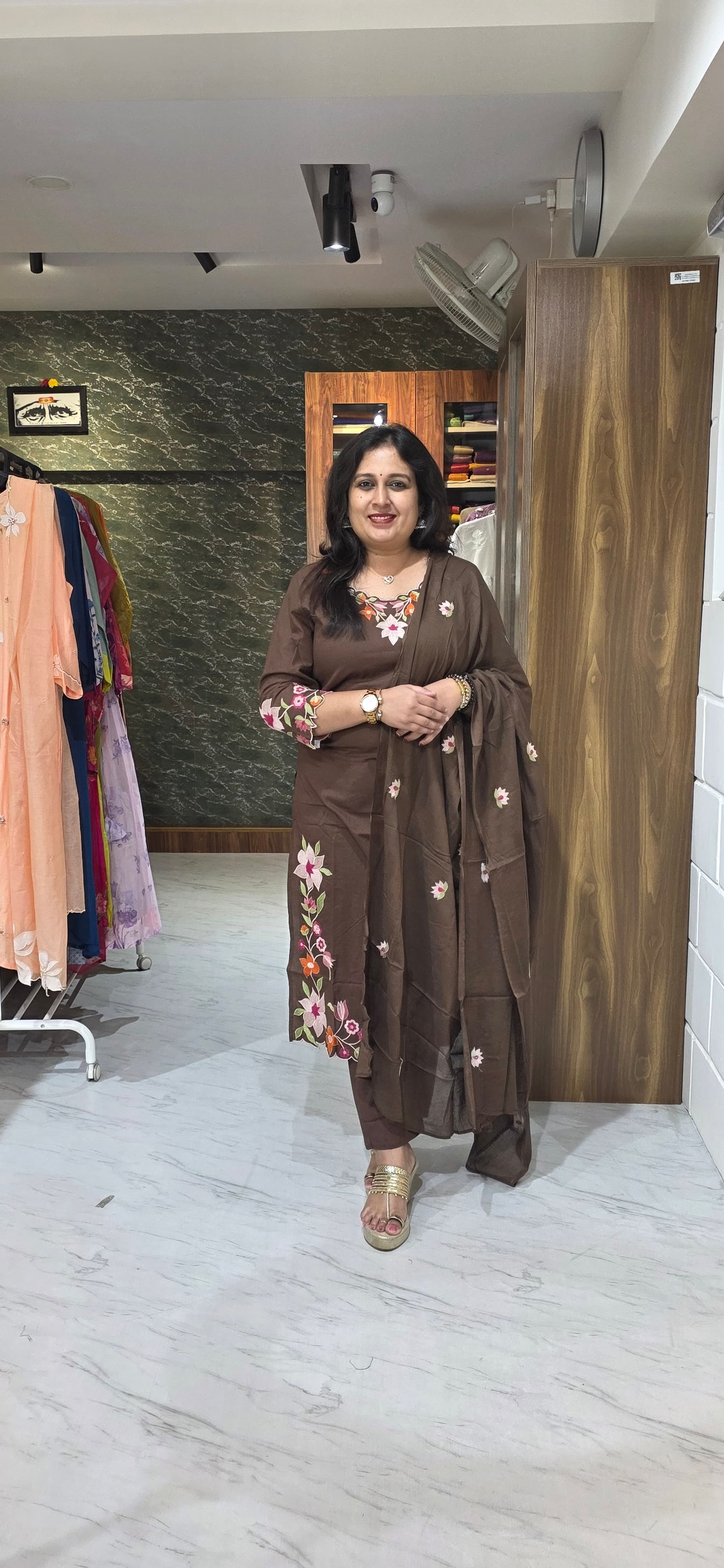 Earthy Brown Floral Kurta Set with Mul Cotton Dupatta view 2