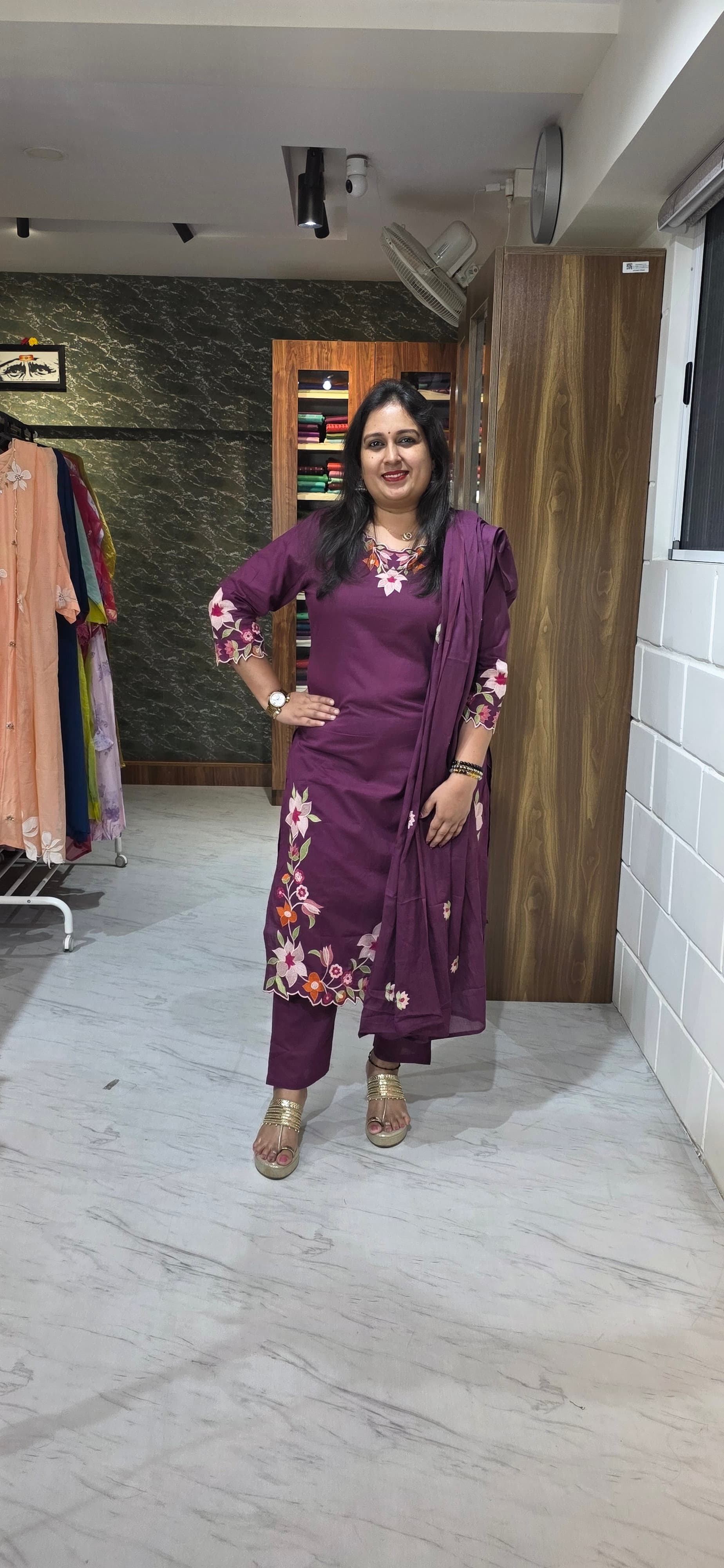 Plum Purple Floral Kurta Set with Mul Cotton Dupatta